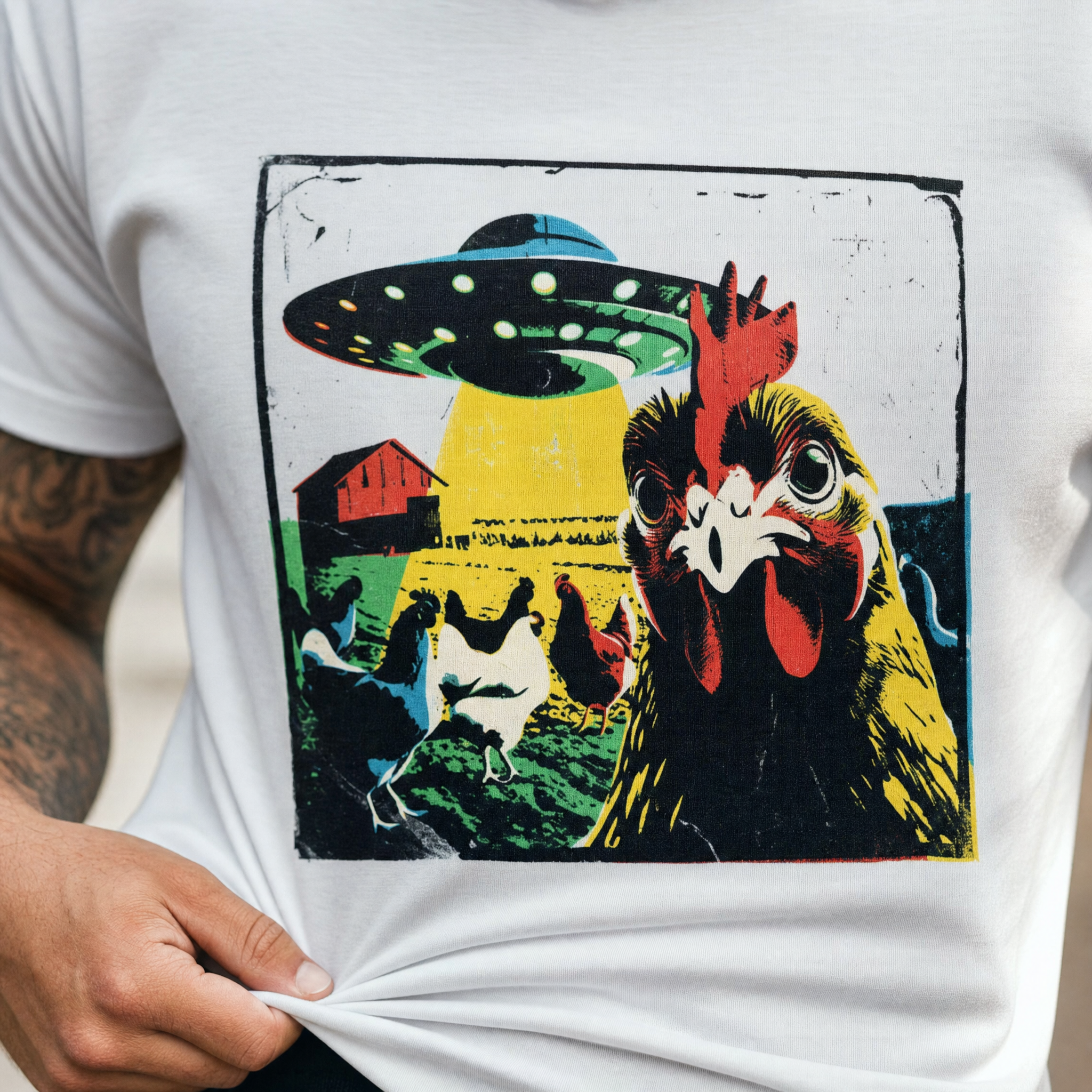 White t-shirt printed with a linocut-style chicken and a UFO over a farm