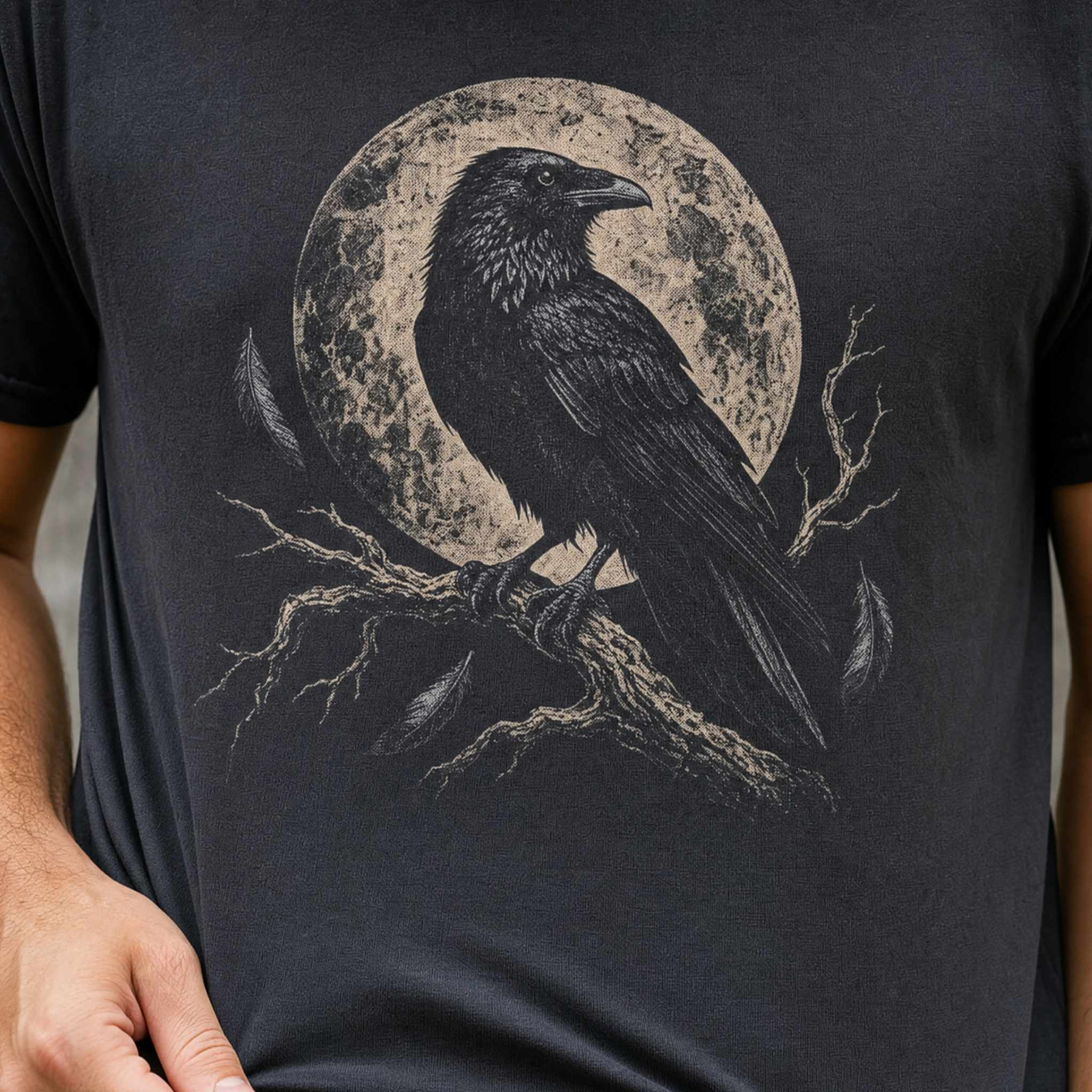 Charcoal t-shirt printed with a raven perched on a branch before a full moon
