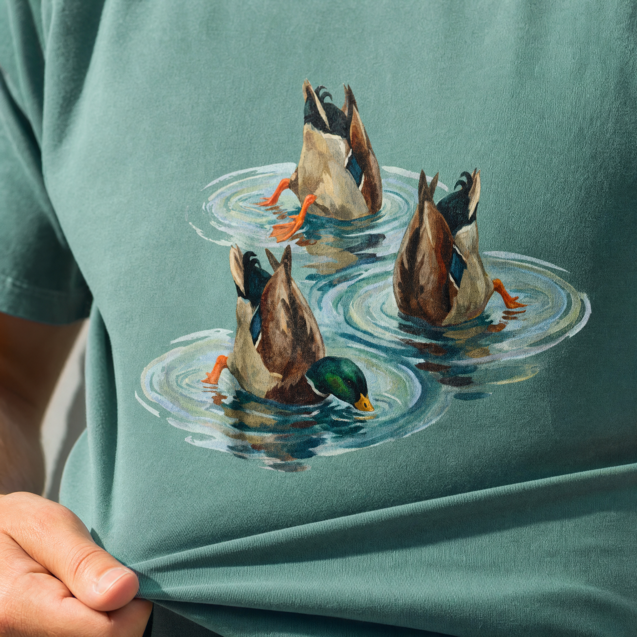 Sea green t-shirt printed with four dabbling mallards seen from above