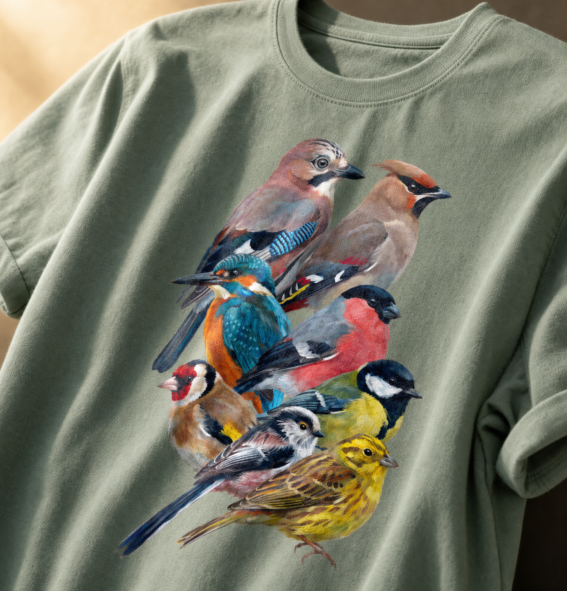 Sage green t-shirt printed with a cluster of British garden birds including a jay, kingfisher, bullfinch and goldfinch