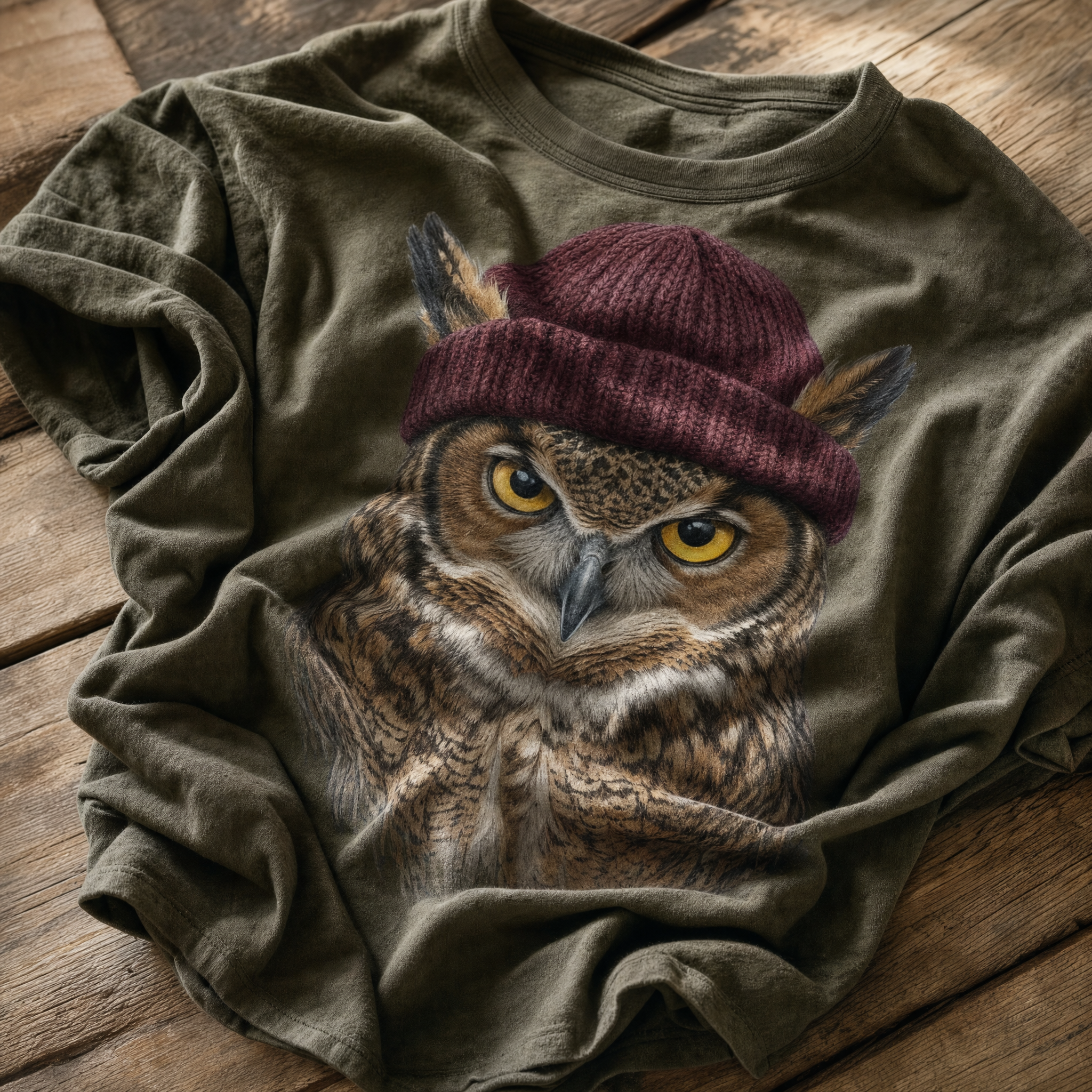 Olive t-shirt printed with a great horned owl wearing a knitted beanie