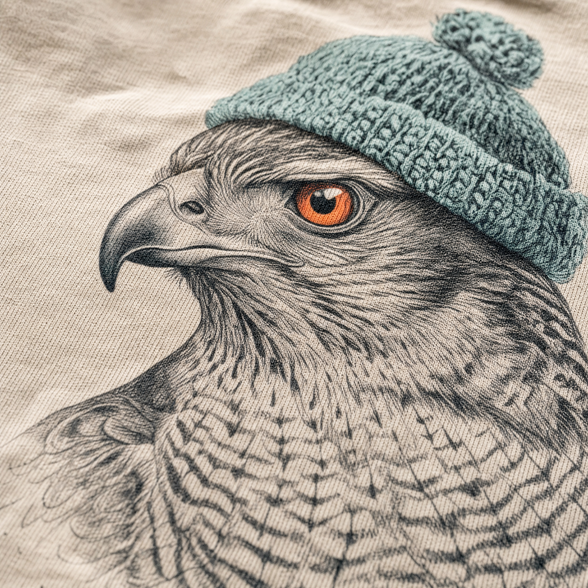 Cream t-shirt printed with a pencil-drawn hawk wearing a knitted beanie