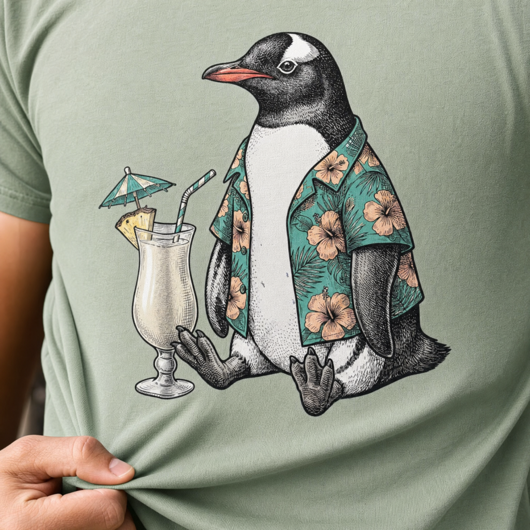 Sage green t-shirt printed with a penguin in a Hawaiian shirt holding a cocktail