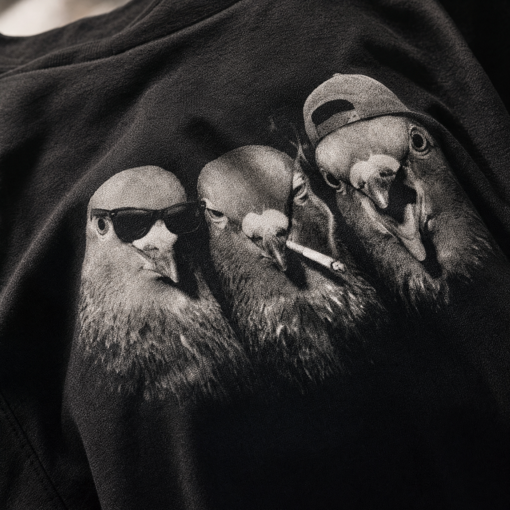Black t-shirt printed with three pigeons in sunglasses, a cigarette and a backwards cap