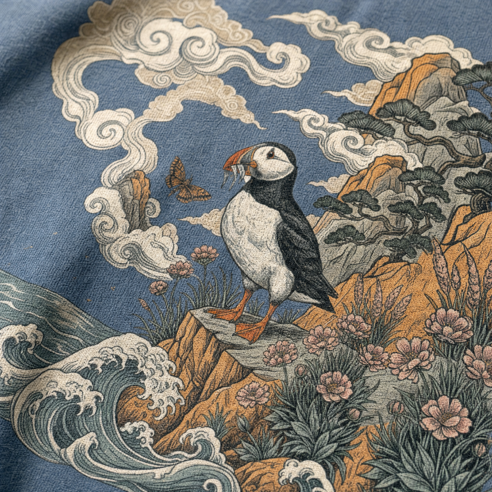 Blue t-shirt printed with an illustrated puffin on a clifftop above breaking waves