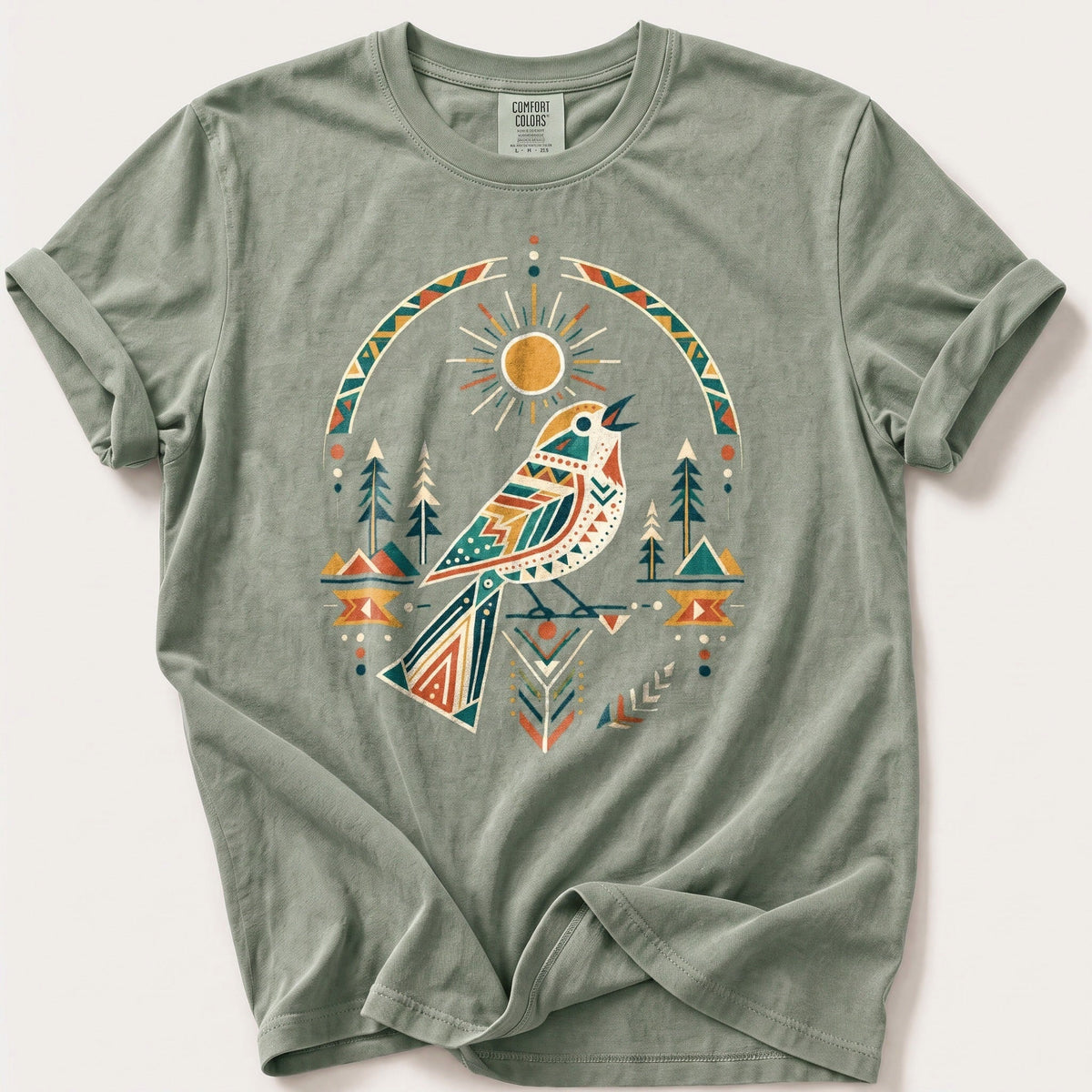 Geometric Sun Songbird — Bay Comfort Colors tee