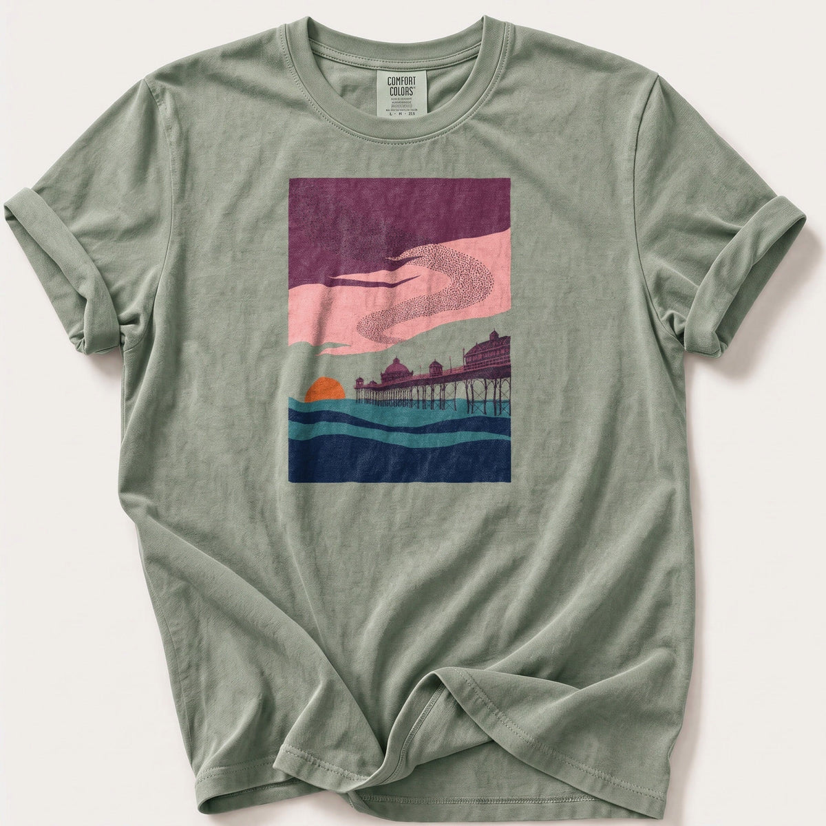 Murmuration Over The Pier — Bay Comfort Colors tee