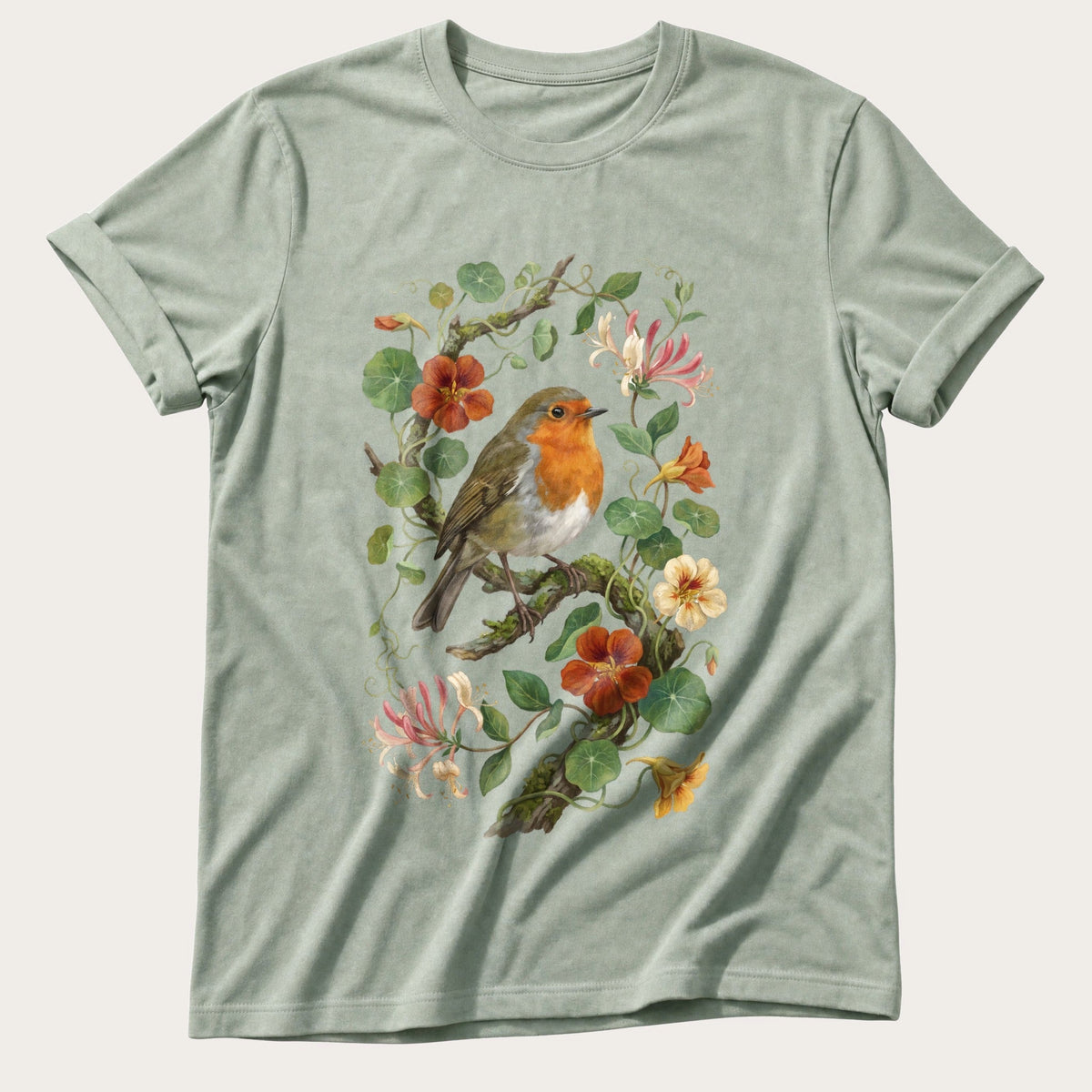 Robin & Nasturtiums — Bay Comfort Colors tee