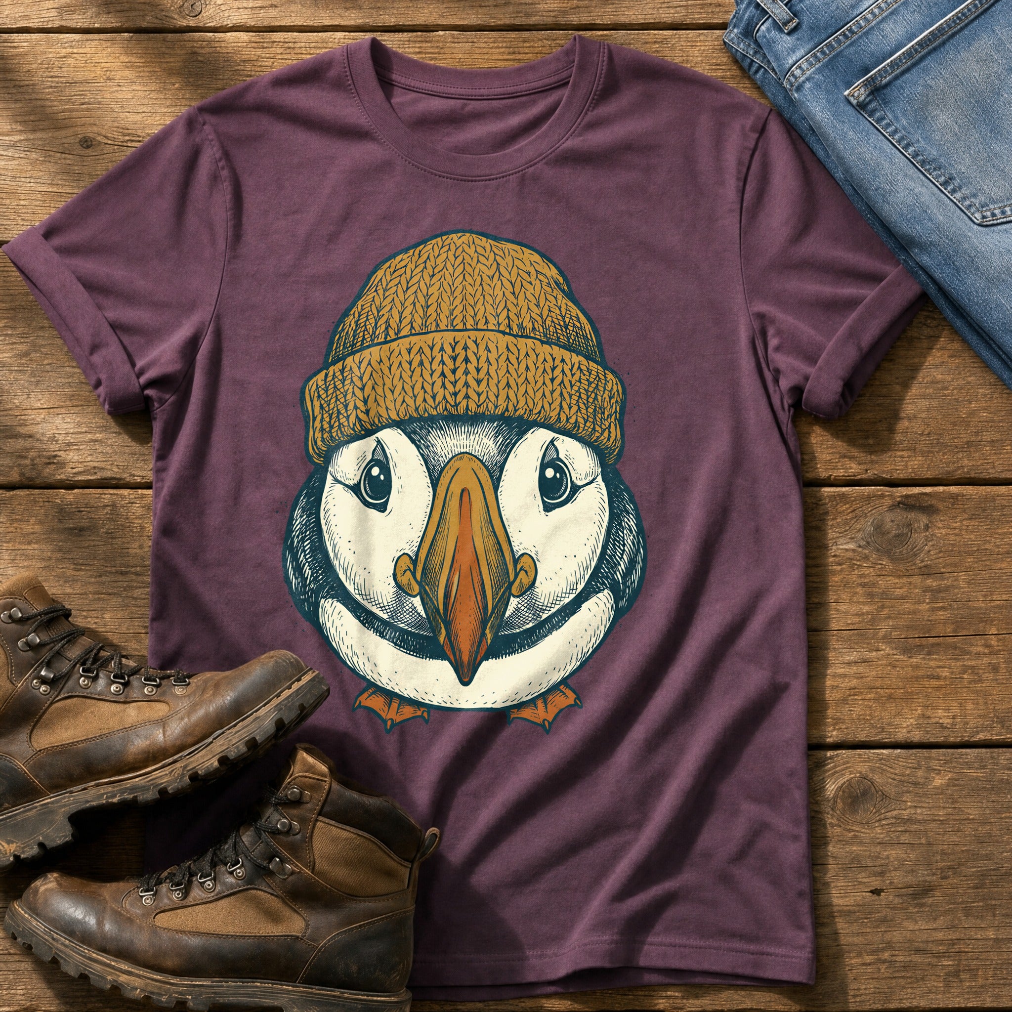 Beanie Puffin 6 — Berry Comfort Colors tee