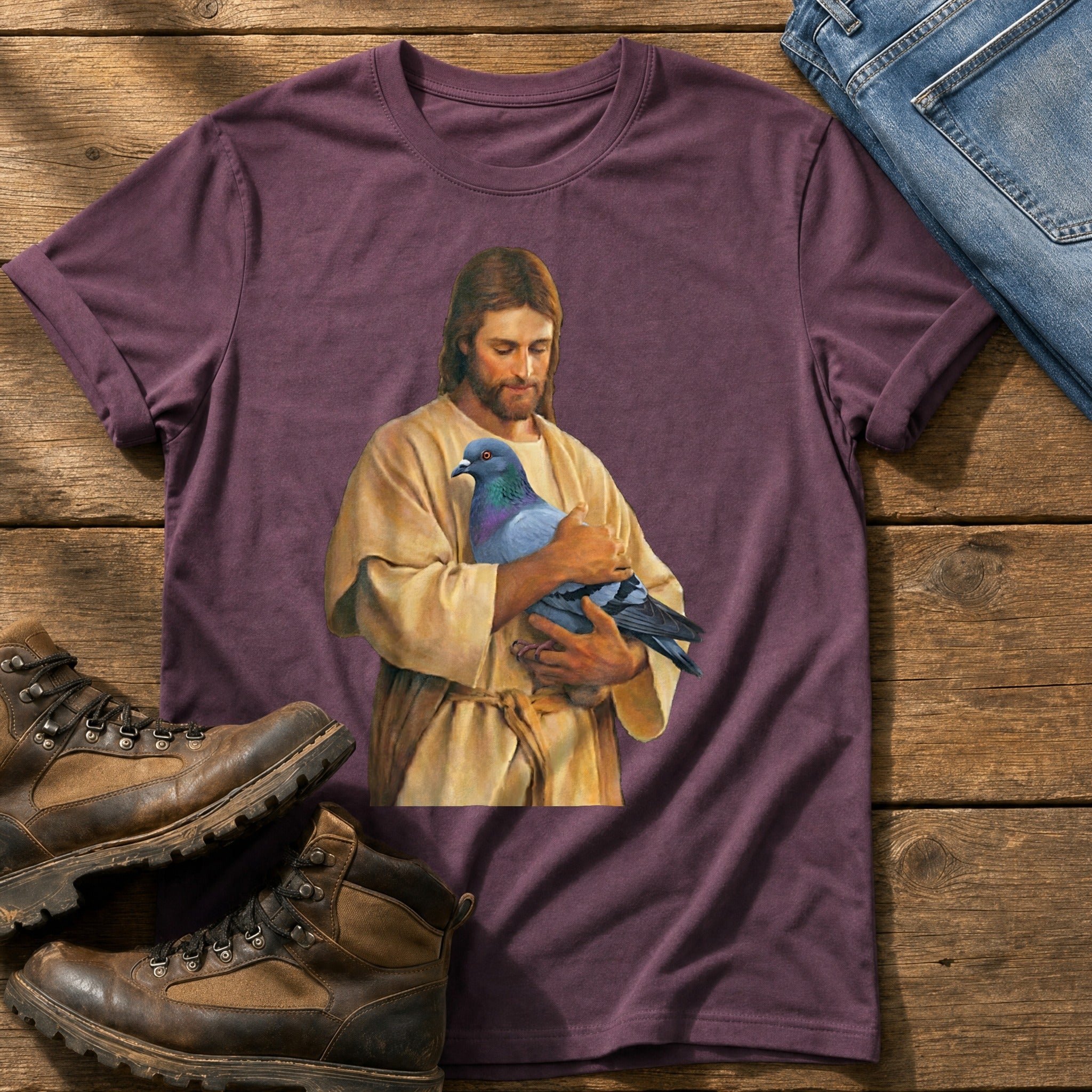Christ With Pigeon 4 — Berry Comfort Colors tee