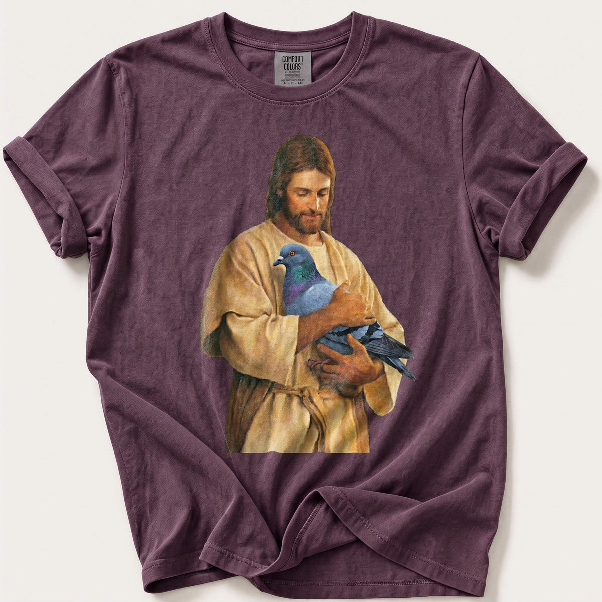 Christ With Pigeon 4 — Berry Comfort Colors tee