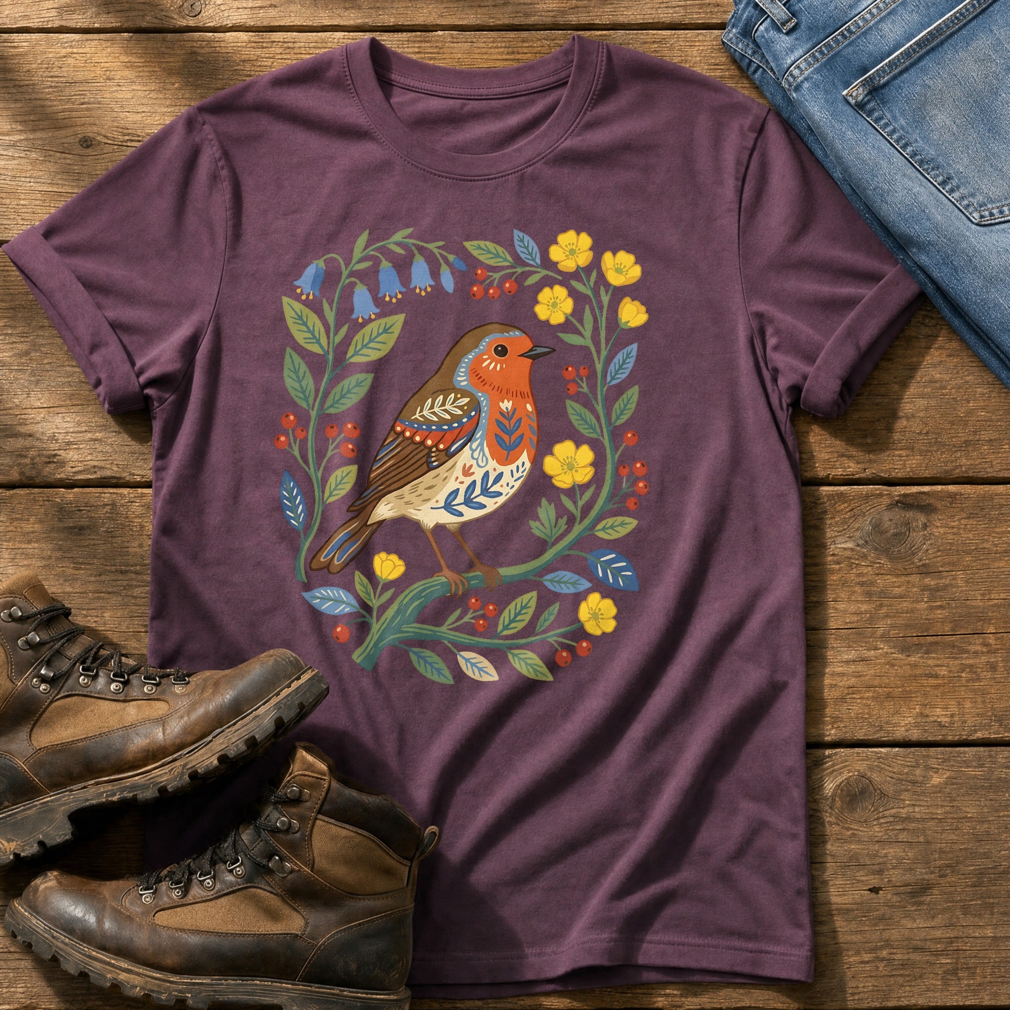 Folk Style Robin — Berry Comfort Colors tee