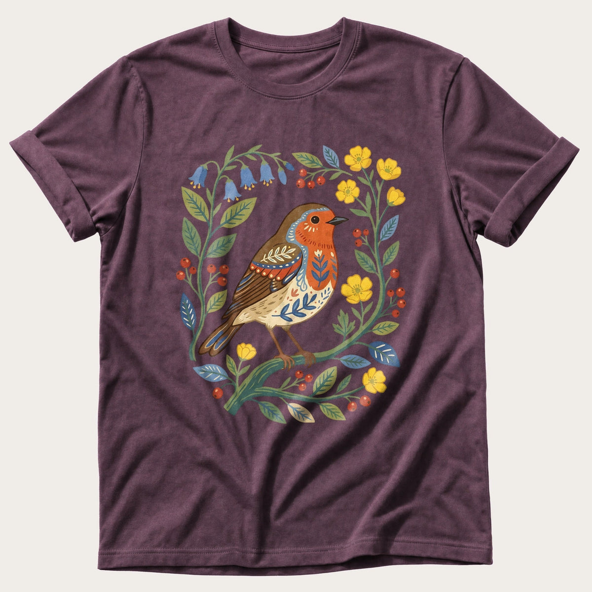 Folk Style Robin — Berry Comfort Colors tee