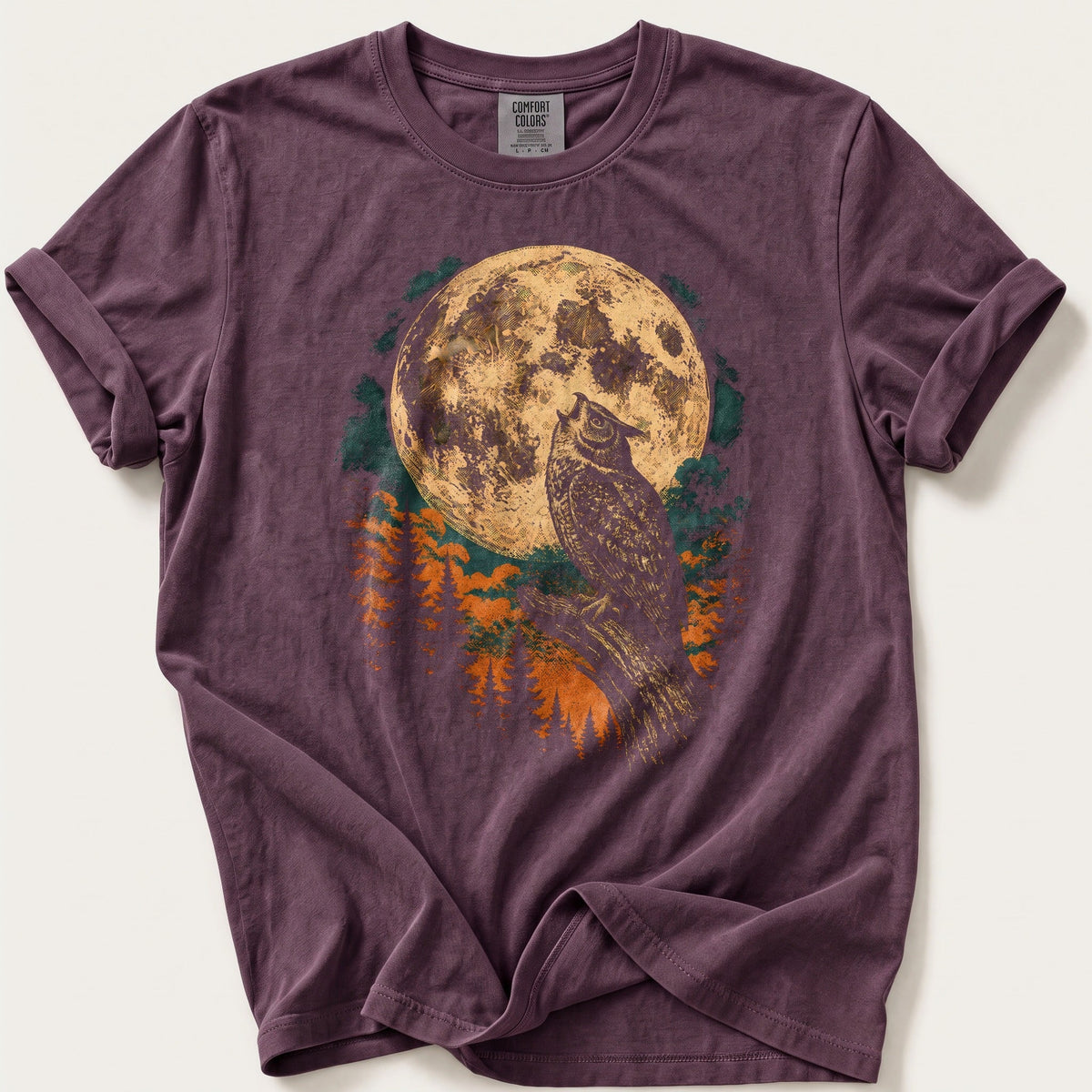 Harvest Moon Owl — Berry Comfort Colors tee