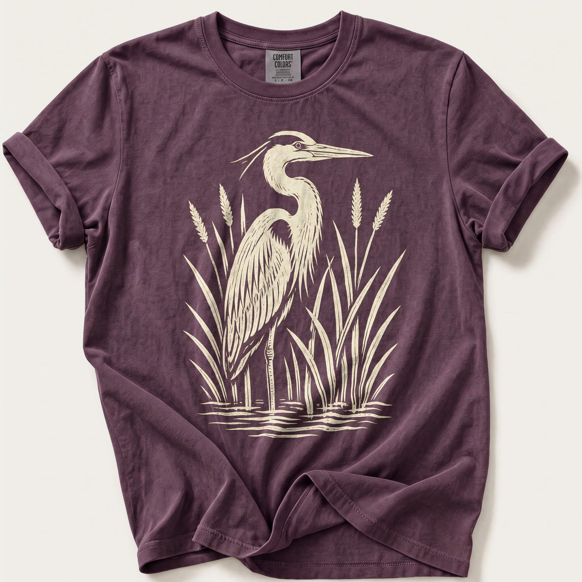 Linocut Heron — Berry Comfort Colors tee