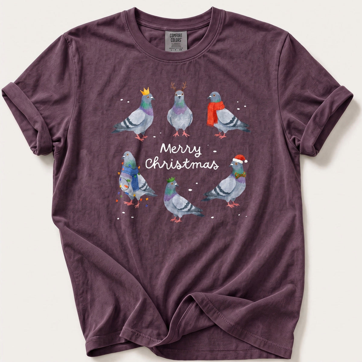Merry Christmas Pigeons — Berry Comfort Colors tee