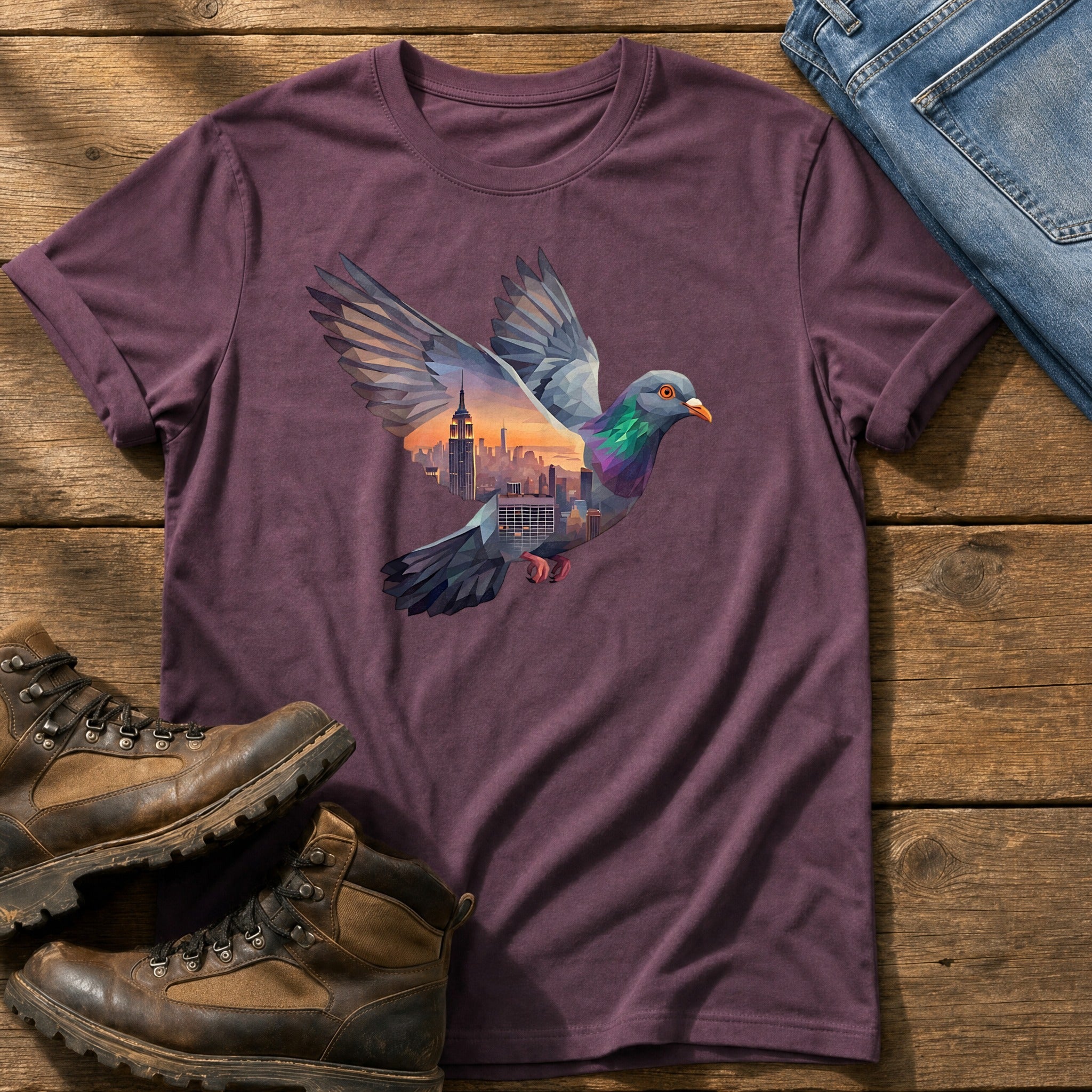 Pigeon Skyline — Berry Comfort Colors tee