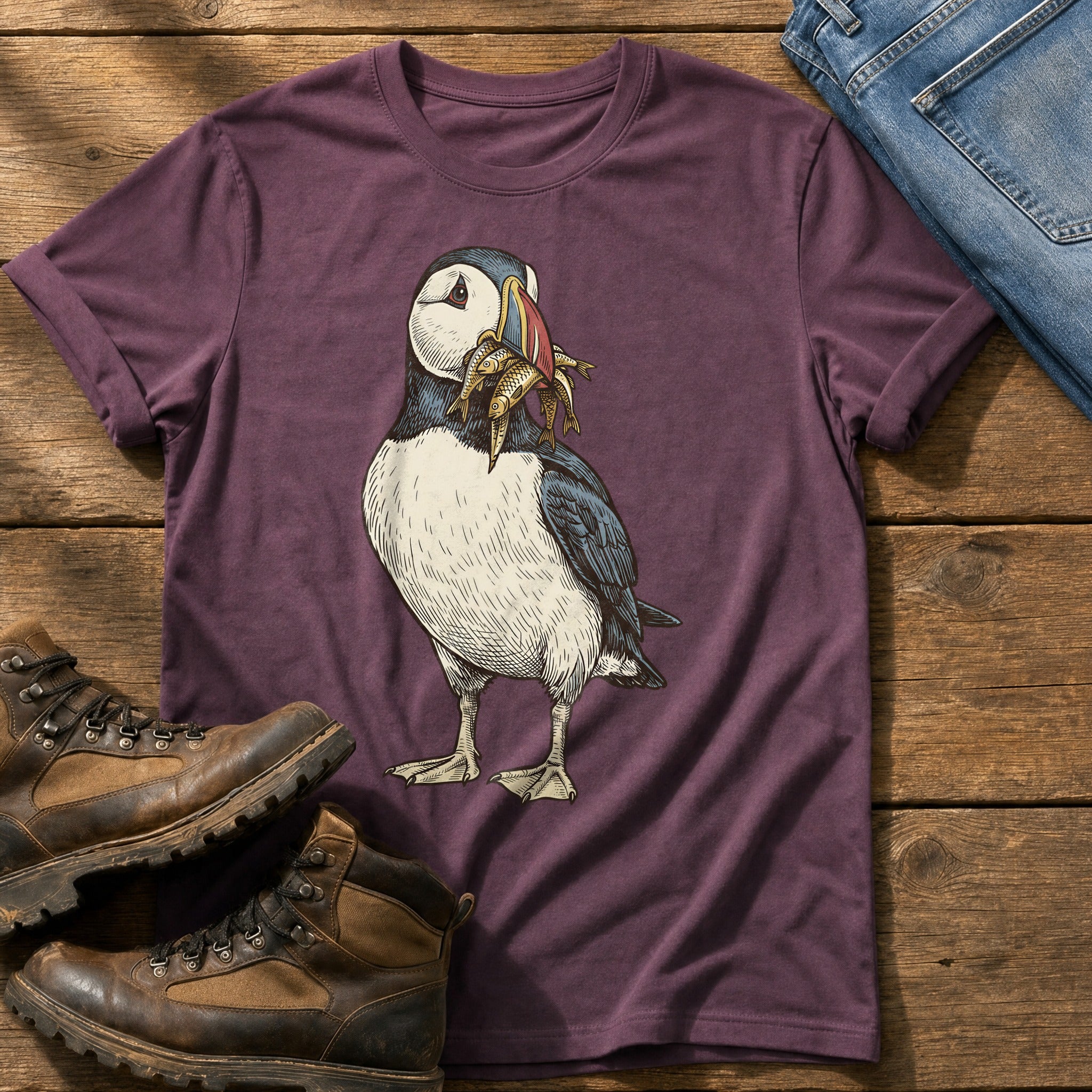 Puffin And Fish 12 — Berry Comfort Colors tee