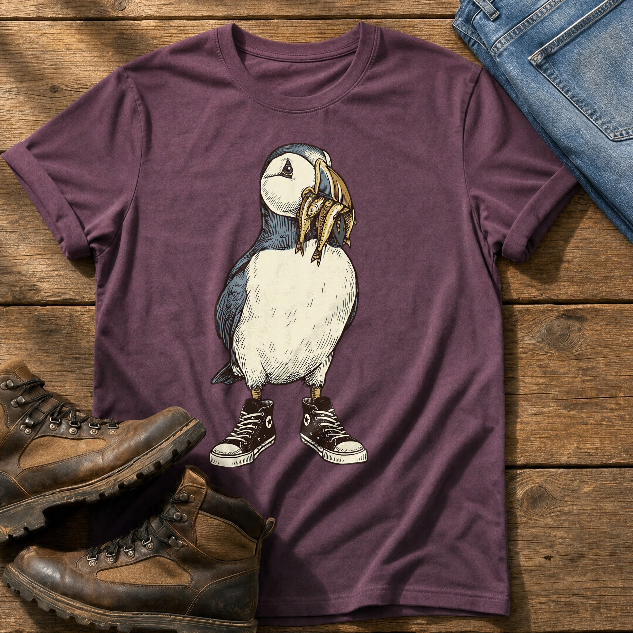 Puffin And Fish 77 — Berry Comfort Colors tee
