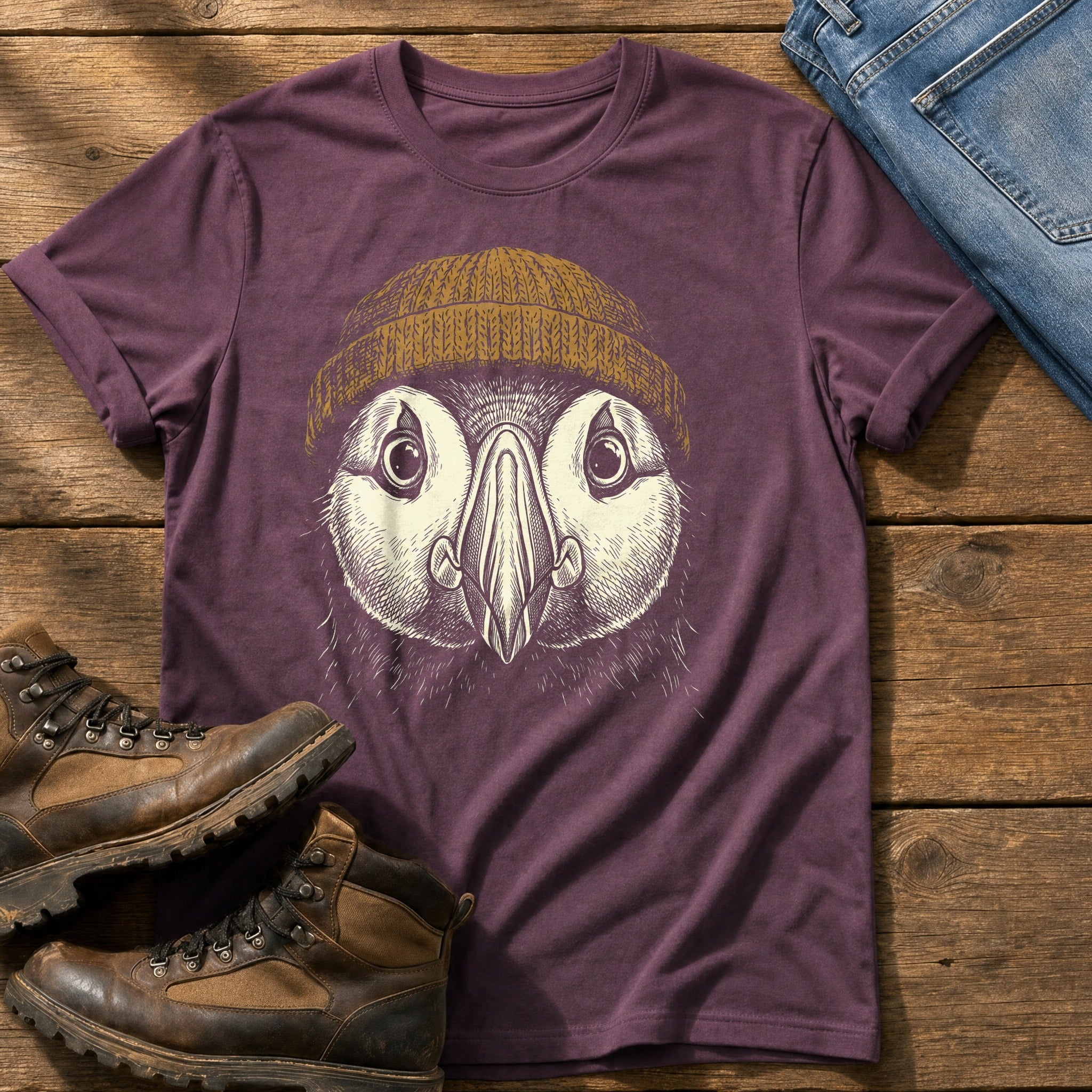Puffin Beanie 12 — Berry Comfort Colors tee