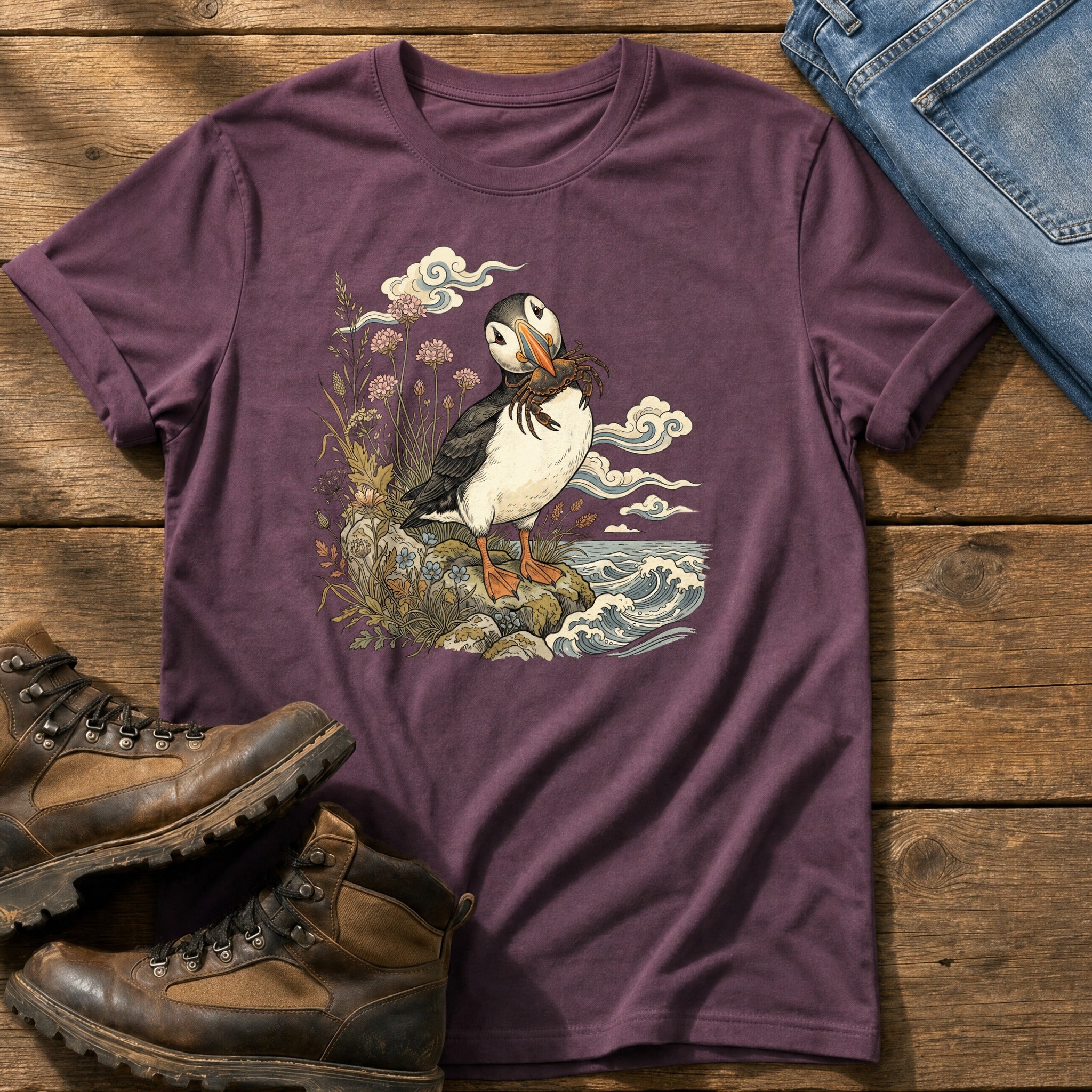 Puffin With Crab 4 — Berry Comfort Colors tee