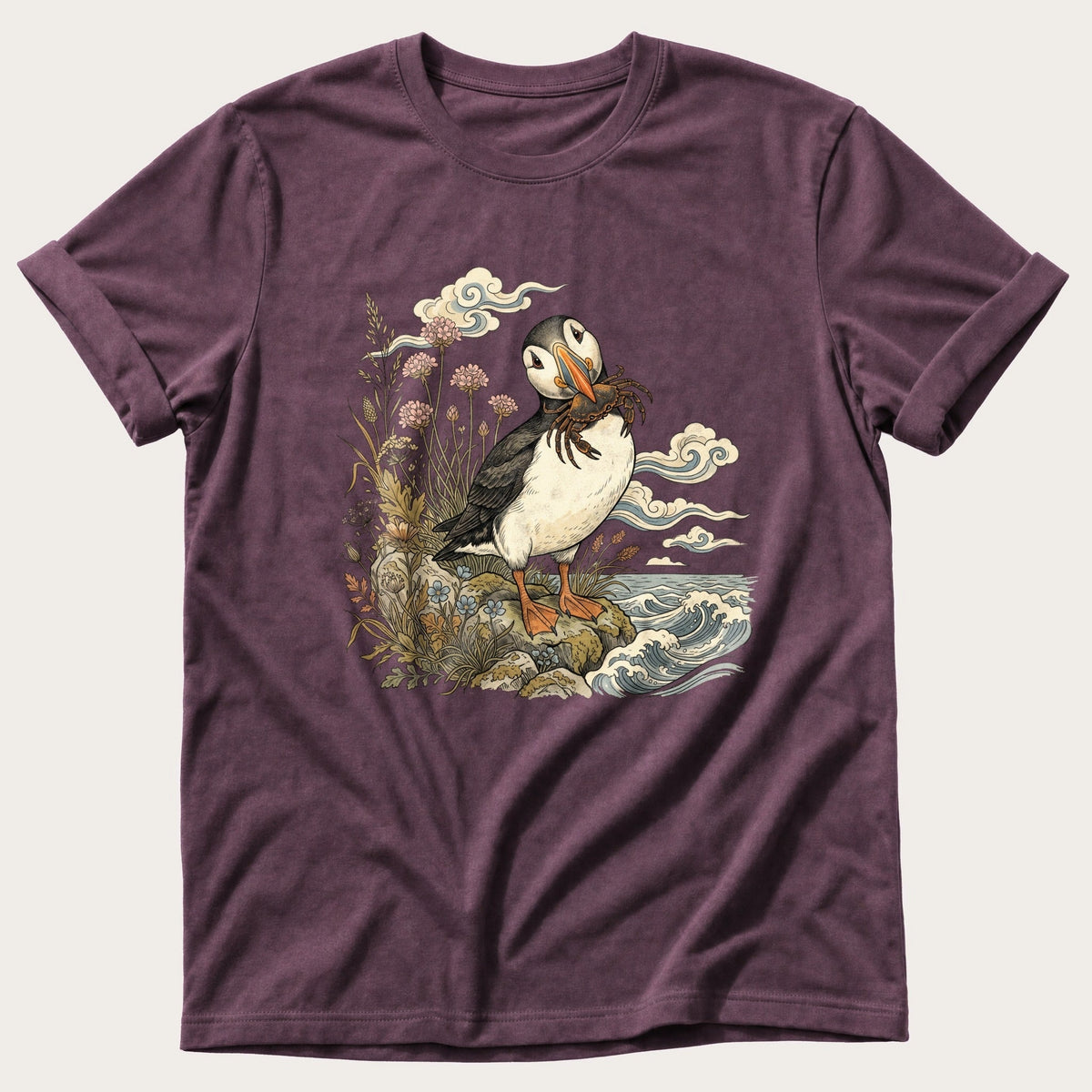 Puffin With Crab 4 — Berry Comfort Colors tee
