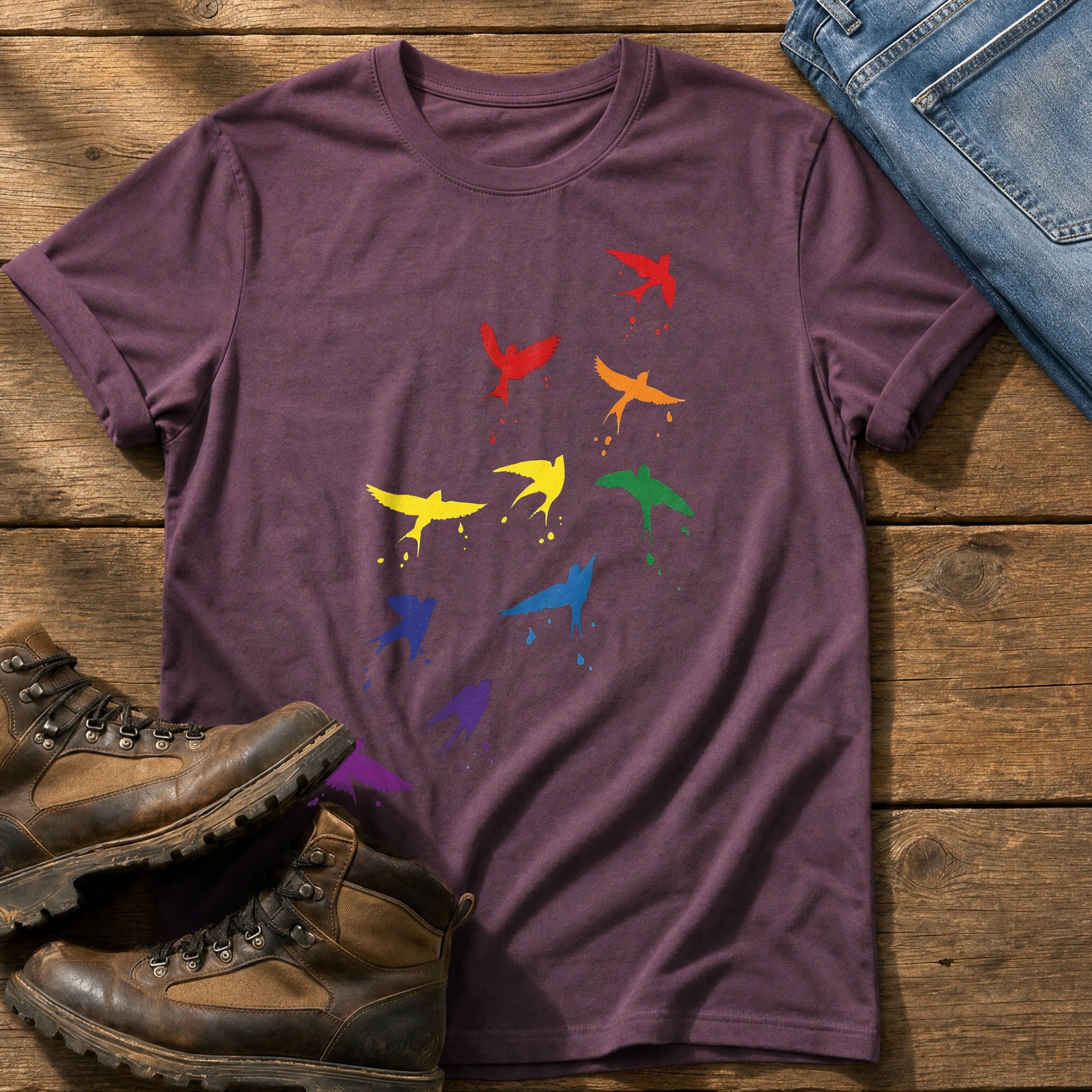 Rainbow birds — Berry Comfort Colors tee