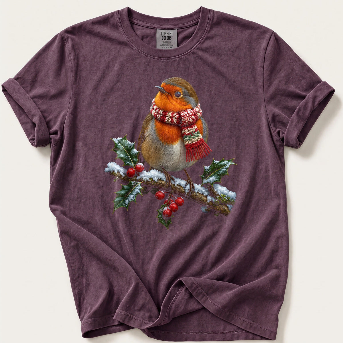 Robin In A Knitted Scarf — Berry Comfort Colors tee