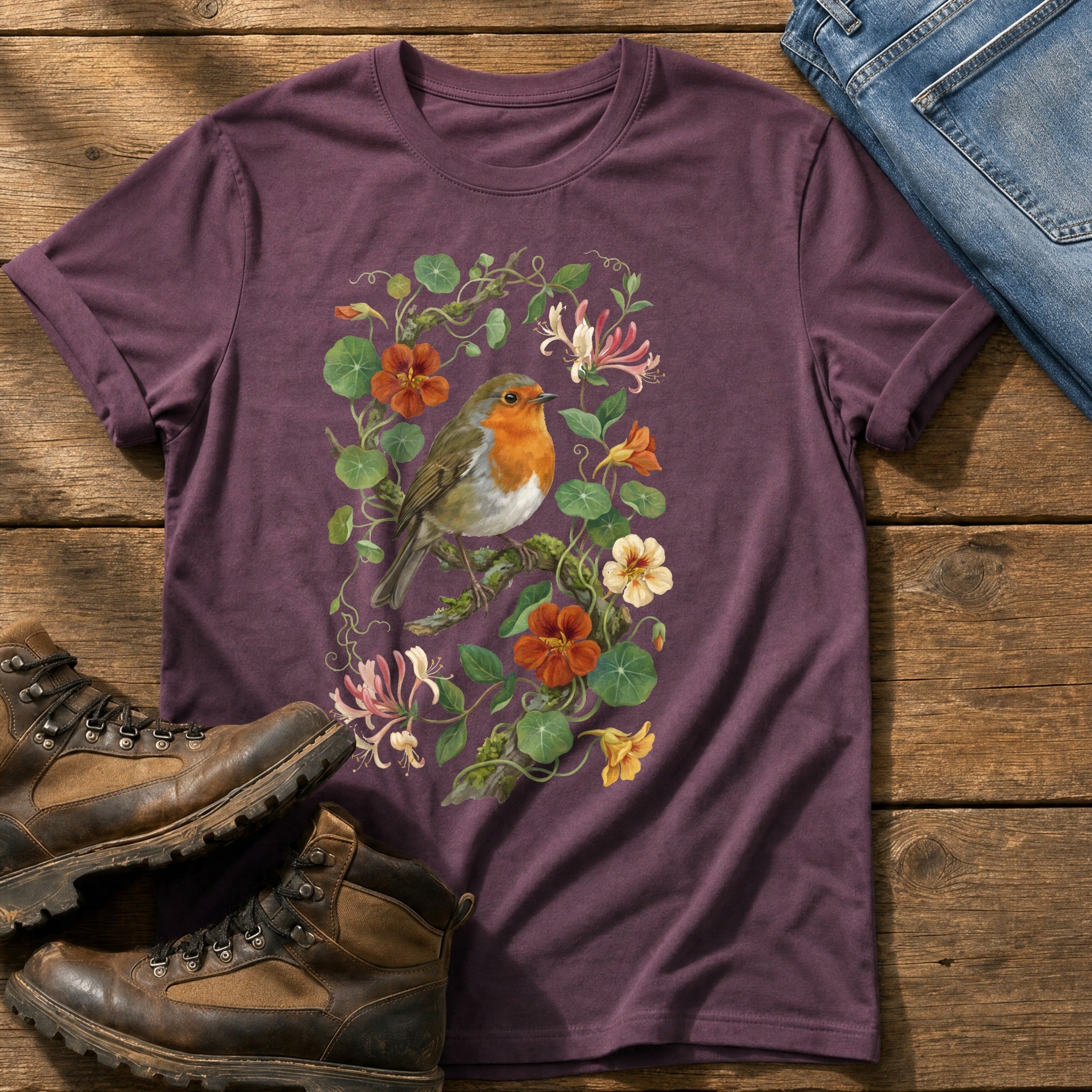 Robin & Nasturtiums — Berry Comfort Colors tee