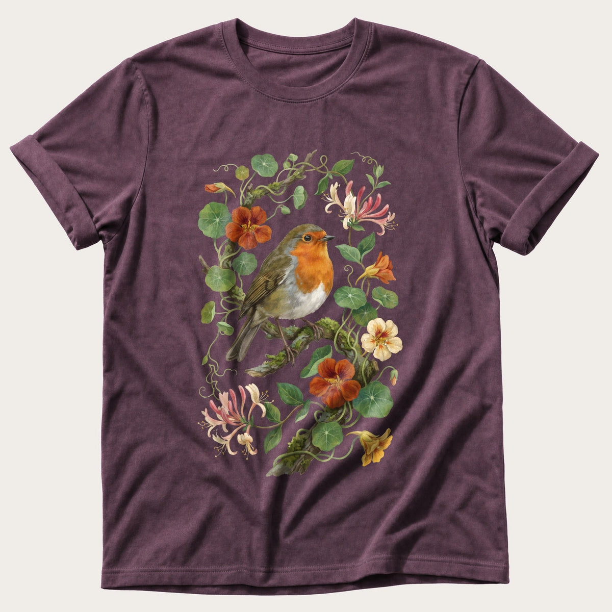 Robin & Nasturtiums — Berry Comfort Colors tee