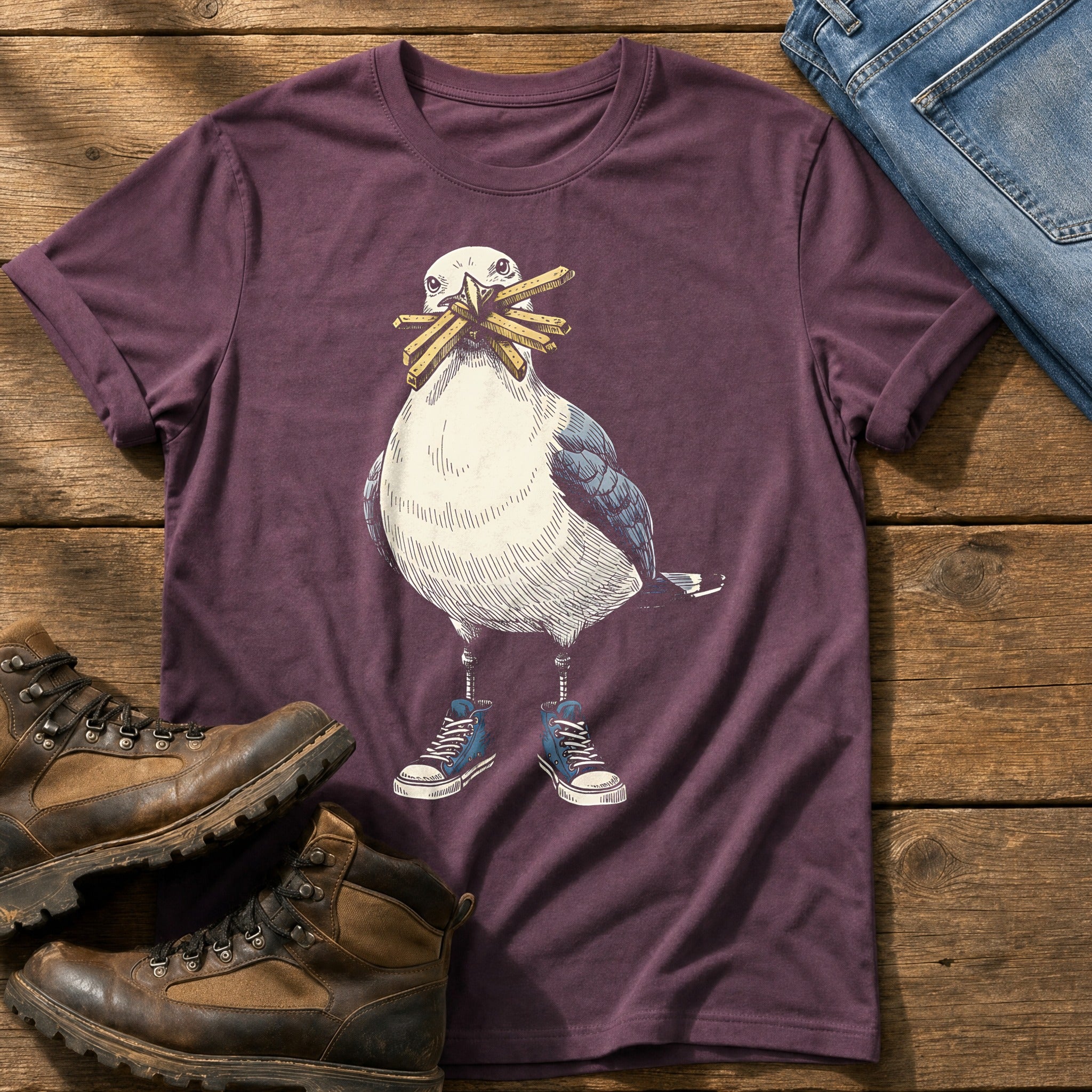 Seagull With Chips 2 — Berry Comfort Colors tee