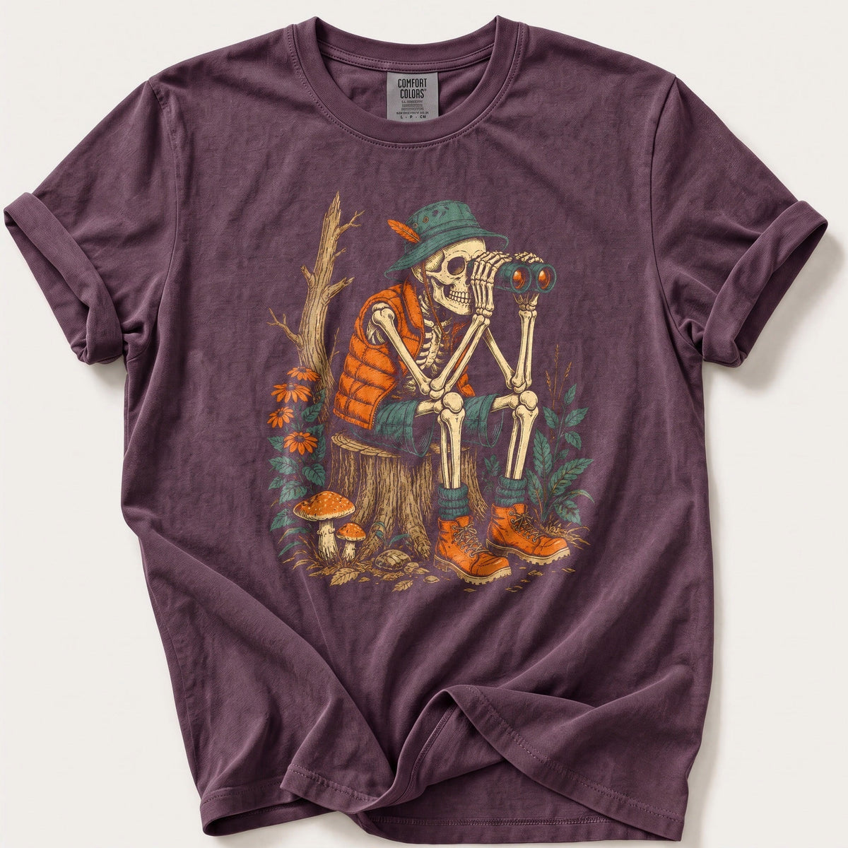 Skeleton Birdwatcher — Berry Comfort Colors tee