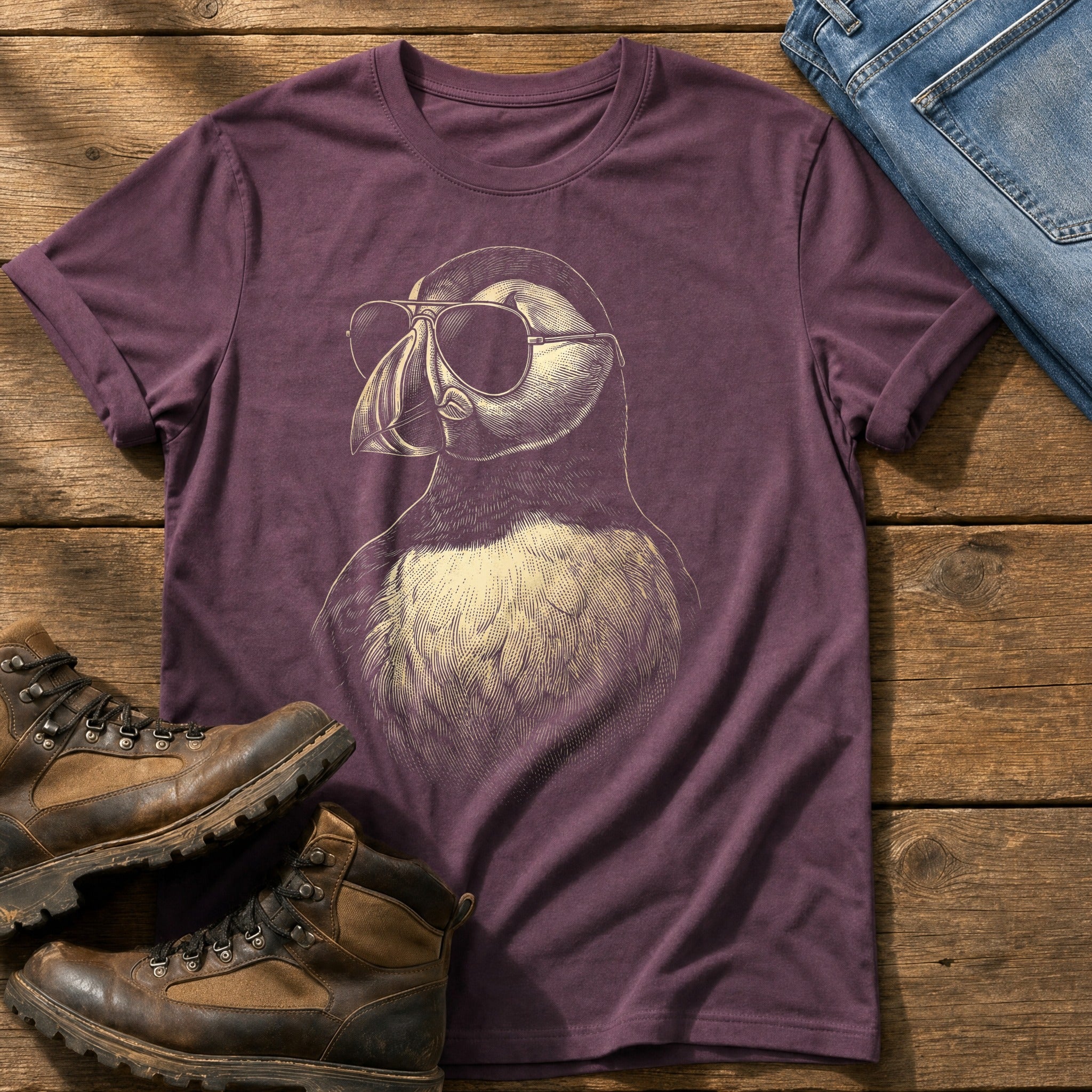 Sunglass Puffin 5 — Berry Comfort Colors tee