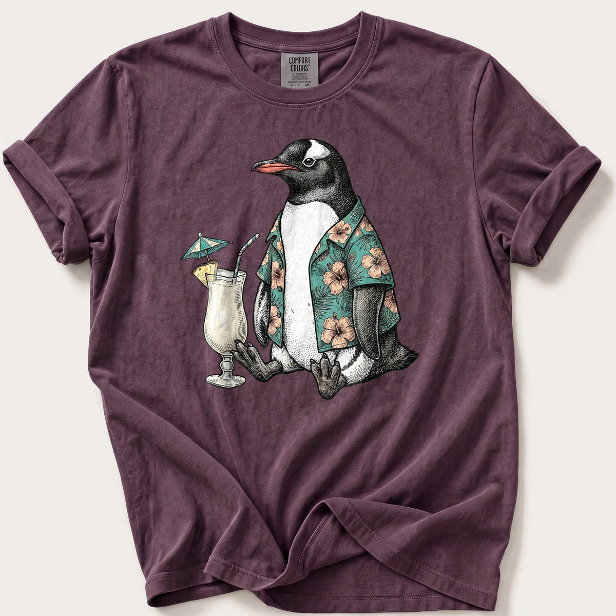 Tropical Penguin — Berry Comfort Colors tee
