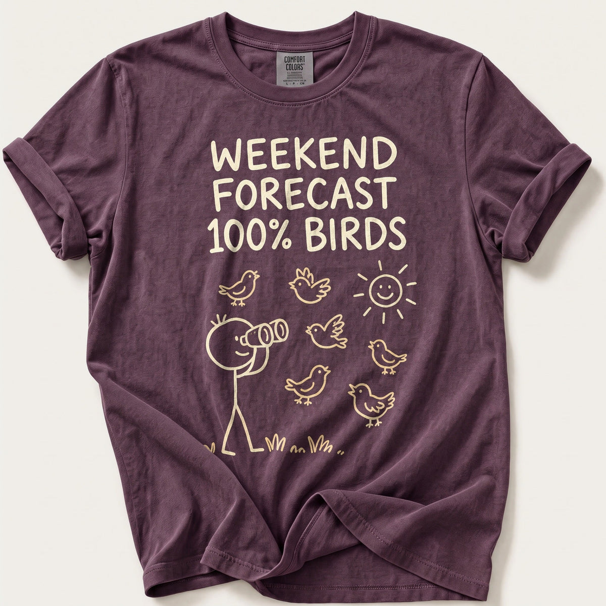 Weekend Forecast 100% Birds — Berry Comfort Colors tee