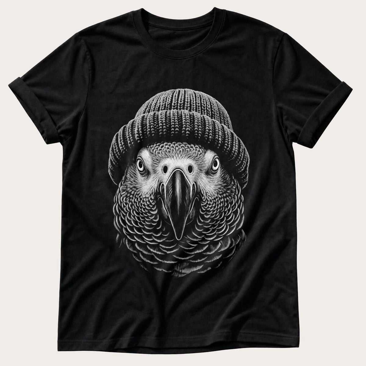 African Grey In A Beanie — Black Comfort Colors tee