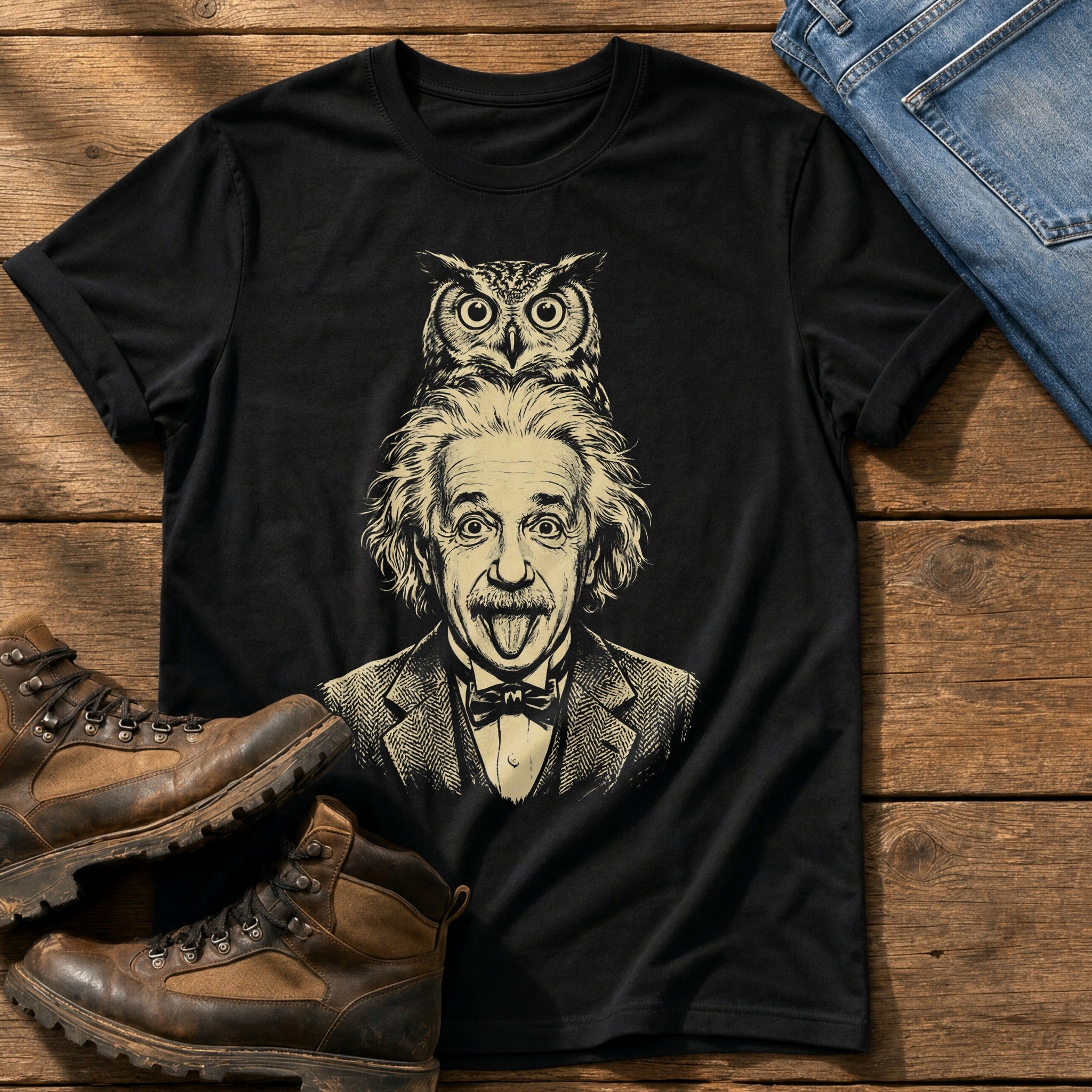 Albert Einstein Owl 5 — Black Comfort Colors tee