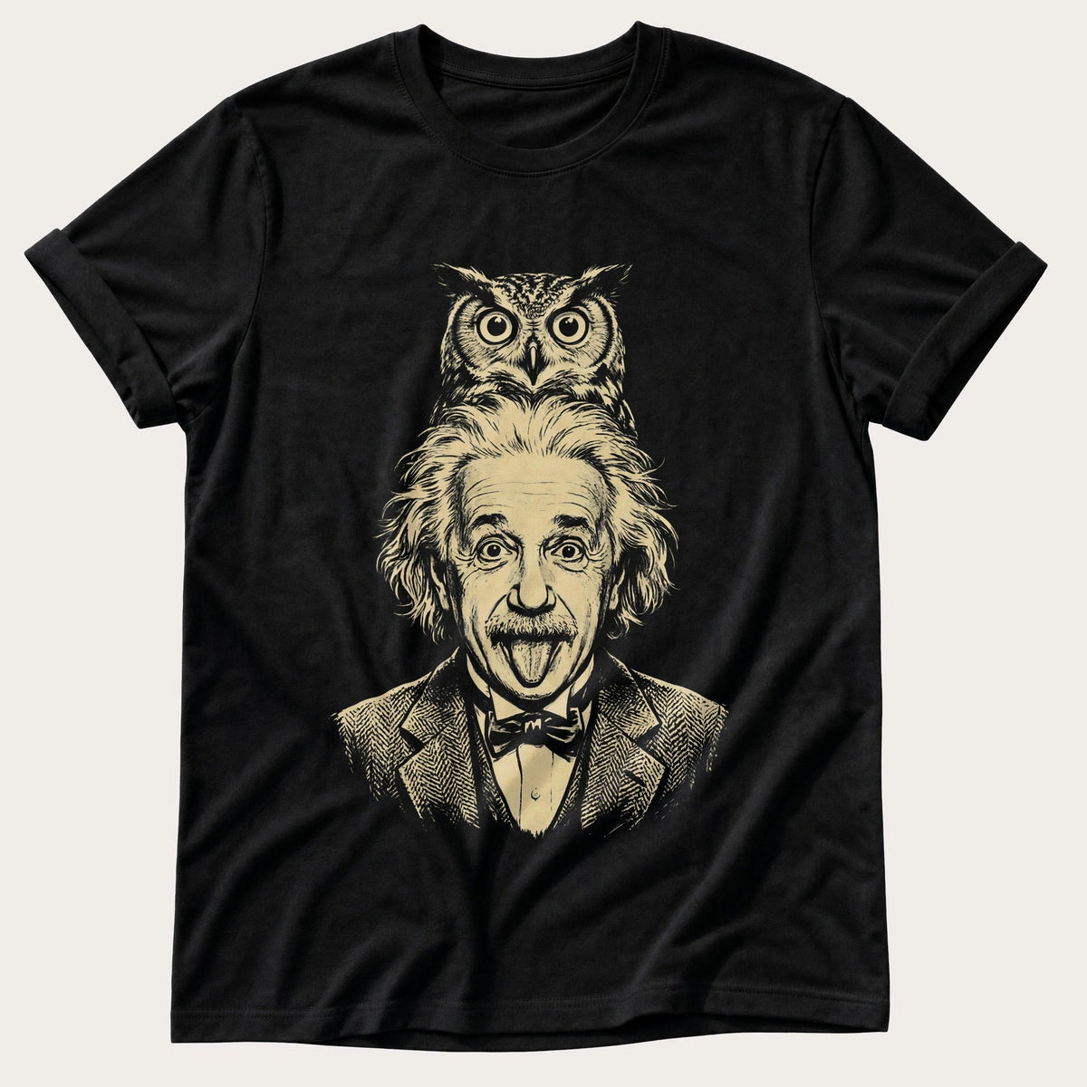 Albert Einstein Owl 5 — Black Comfort Colors tee