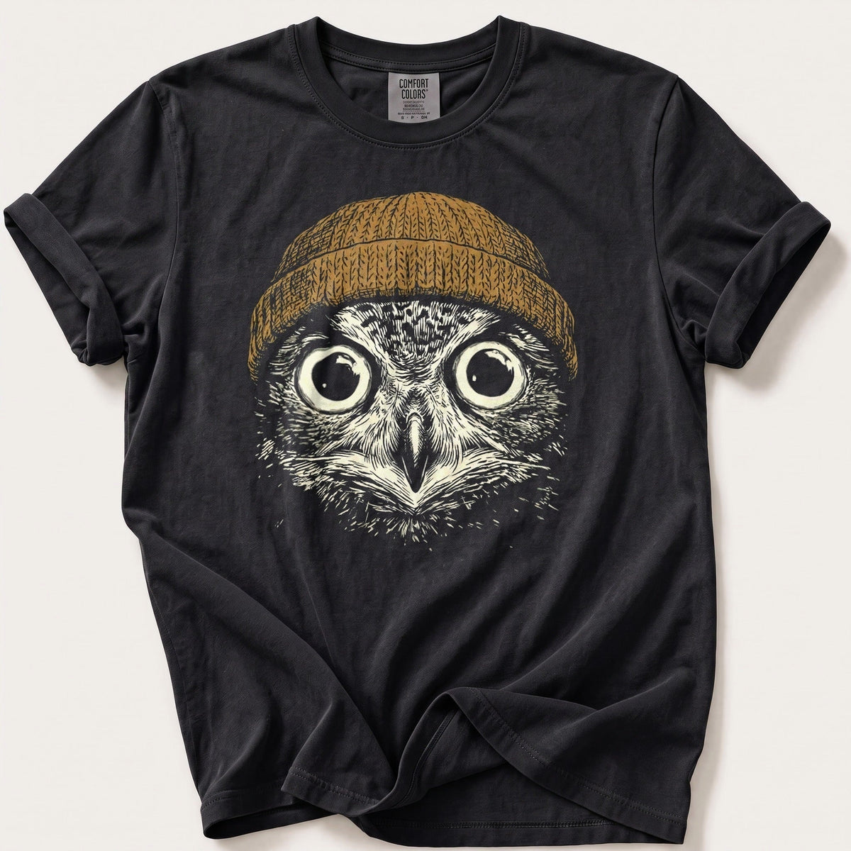 Beanie Owl 6 — Black Comfort Colors tee