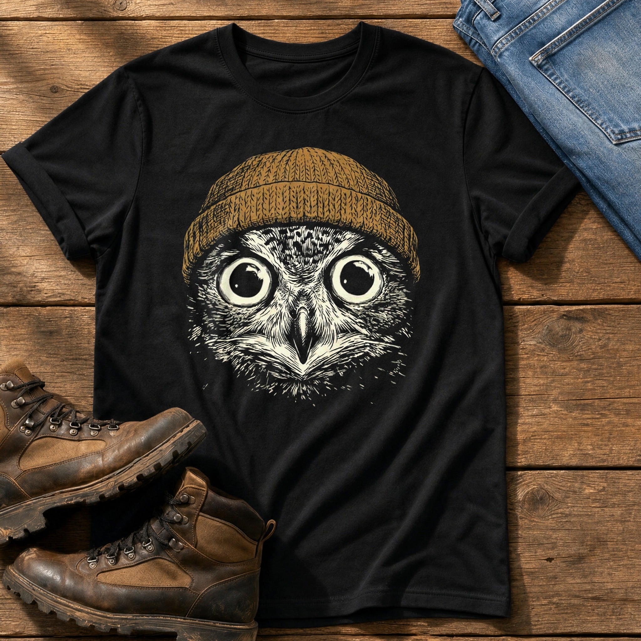 Beanie Owl 6 — Black Comfort Colors tee