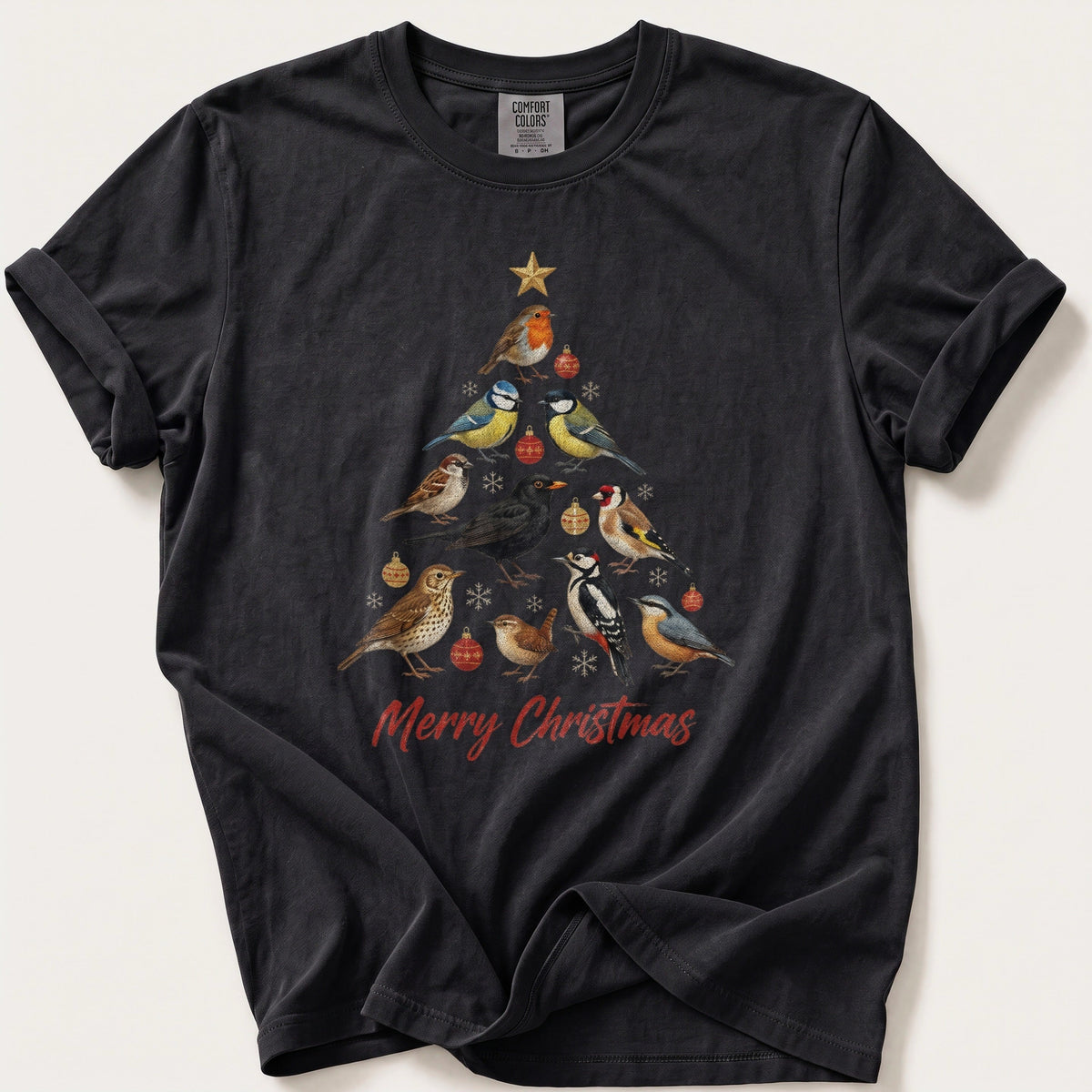 Big Garden Bird Christmas Tree — Black Comfort Colors tee