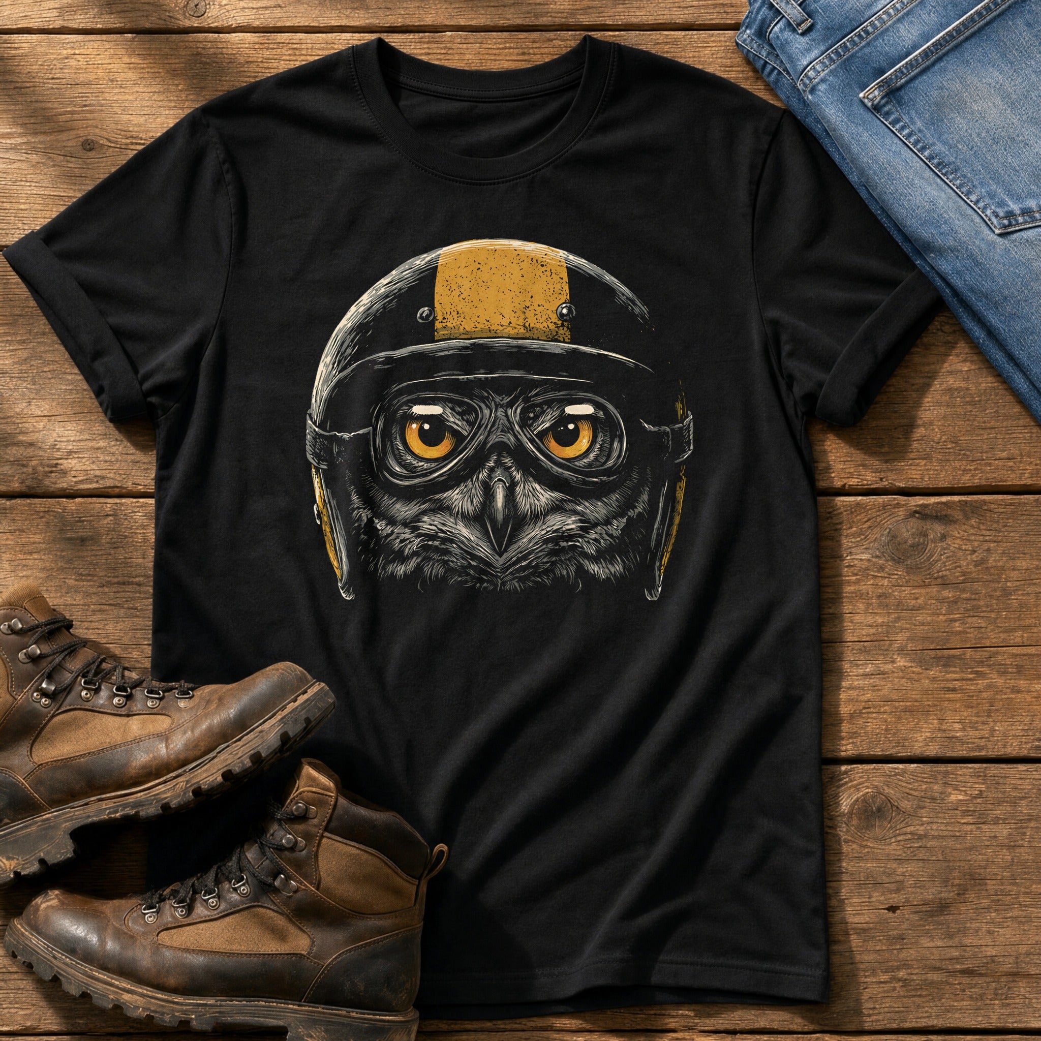 Biker Owl 6 — Black Comfort Colors tee