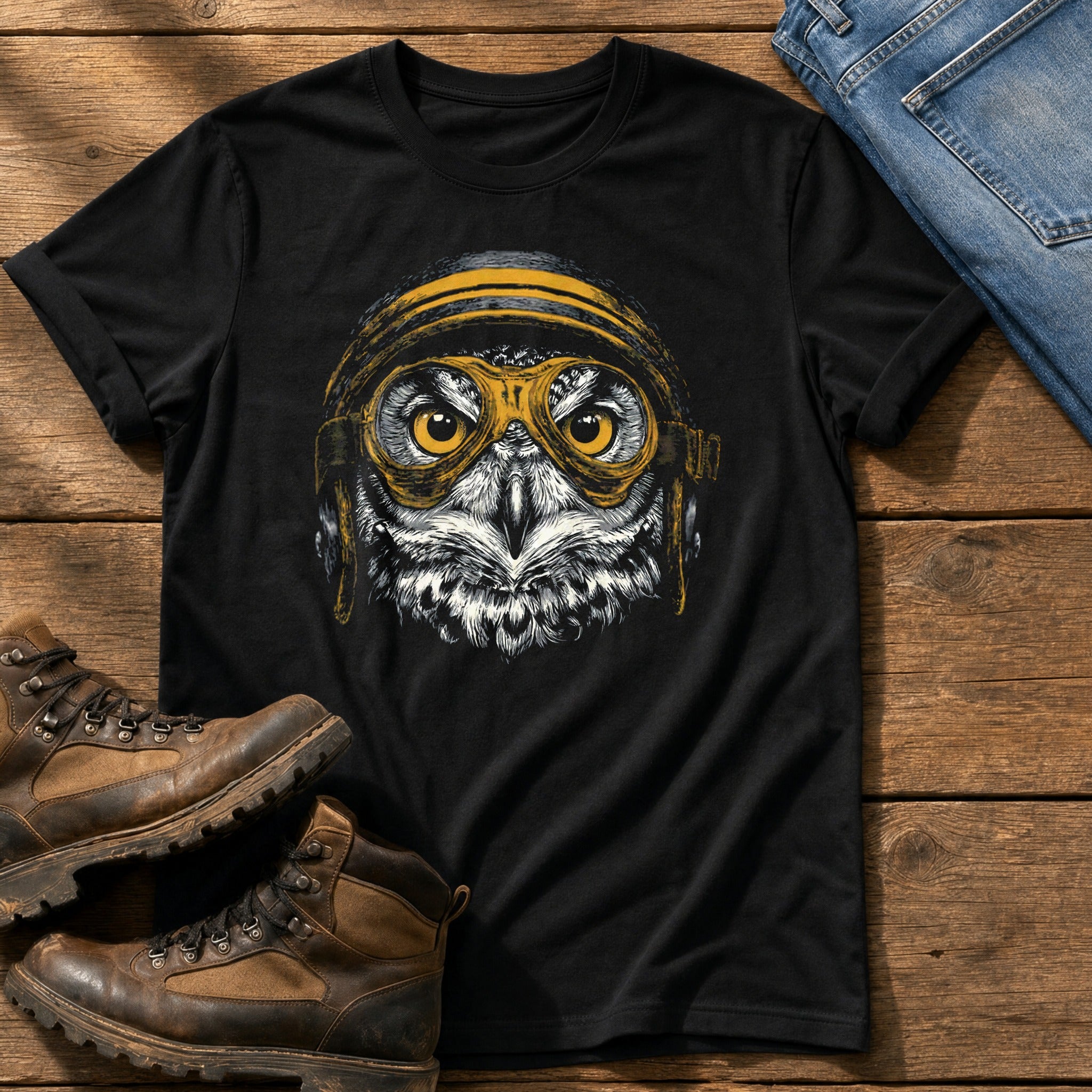 Biker Owl 8 — Black Comfort Colors tee