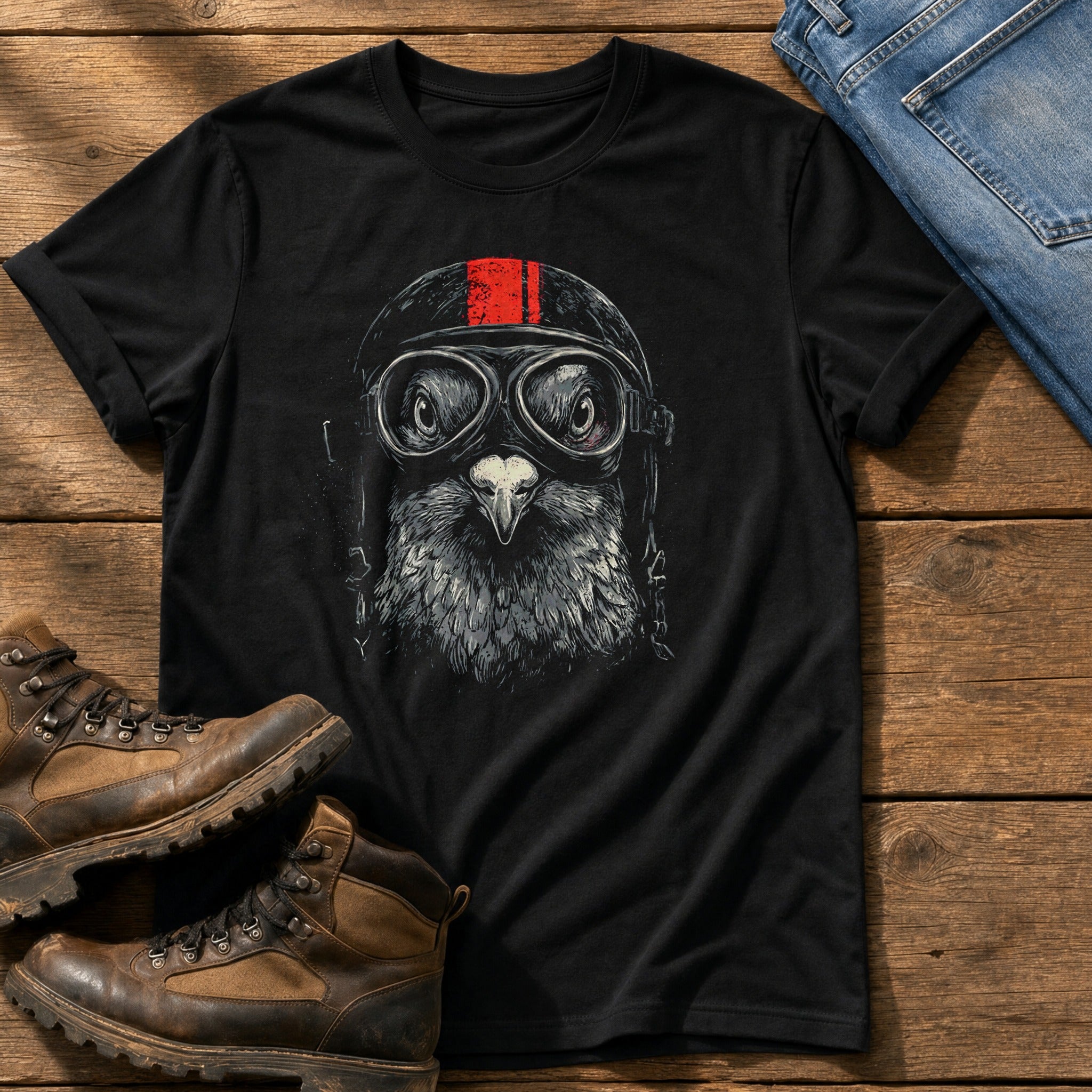 Biker Pigeon 7 — Black Comfort Colors tee
