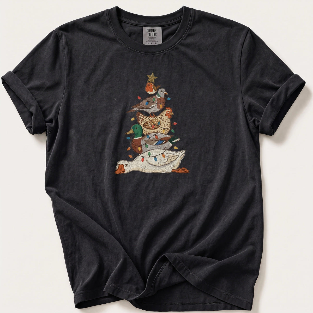 Bird Stack Christmas Tree — Black Comfort Colors tee