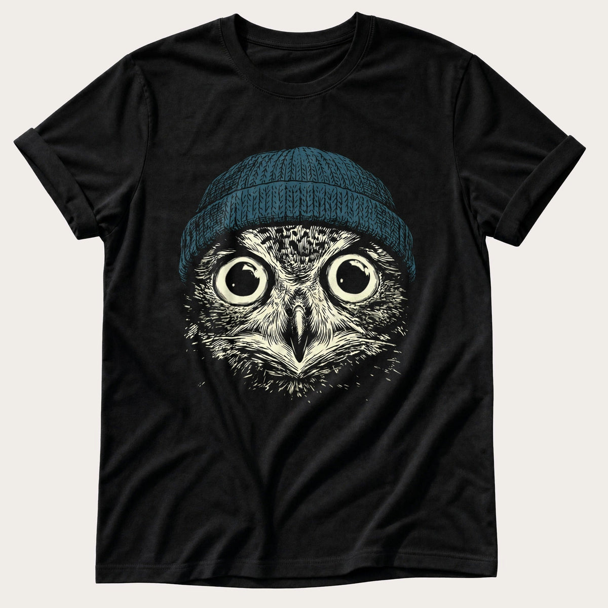 Blue Beanie Owl — Black Comfort Colors tee