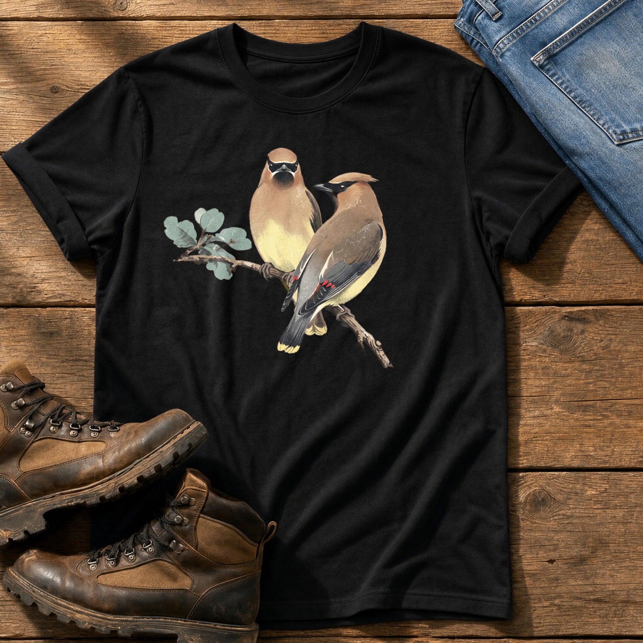 Cedar Waxwing On A Branch — Black Comfort Colors tee