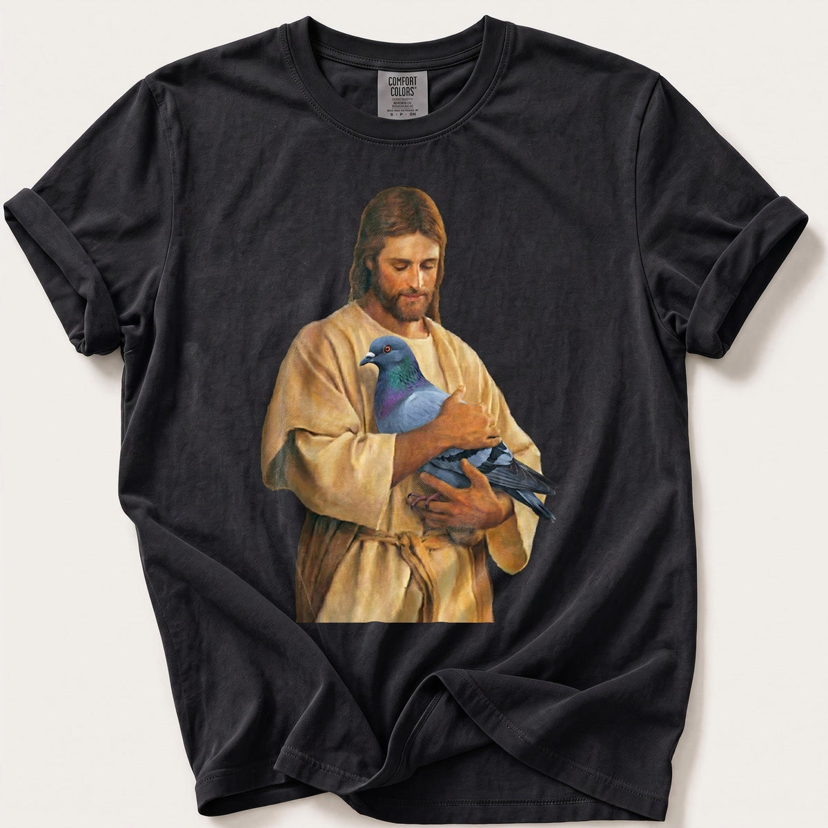 Christ With Pigeon 4 — Black Comfort Colors tee