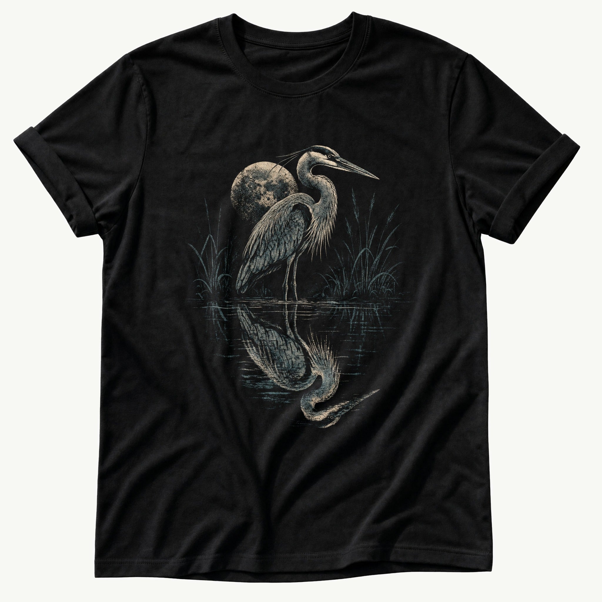 crane-under-moon — Black Comfort Colors tee