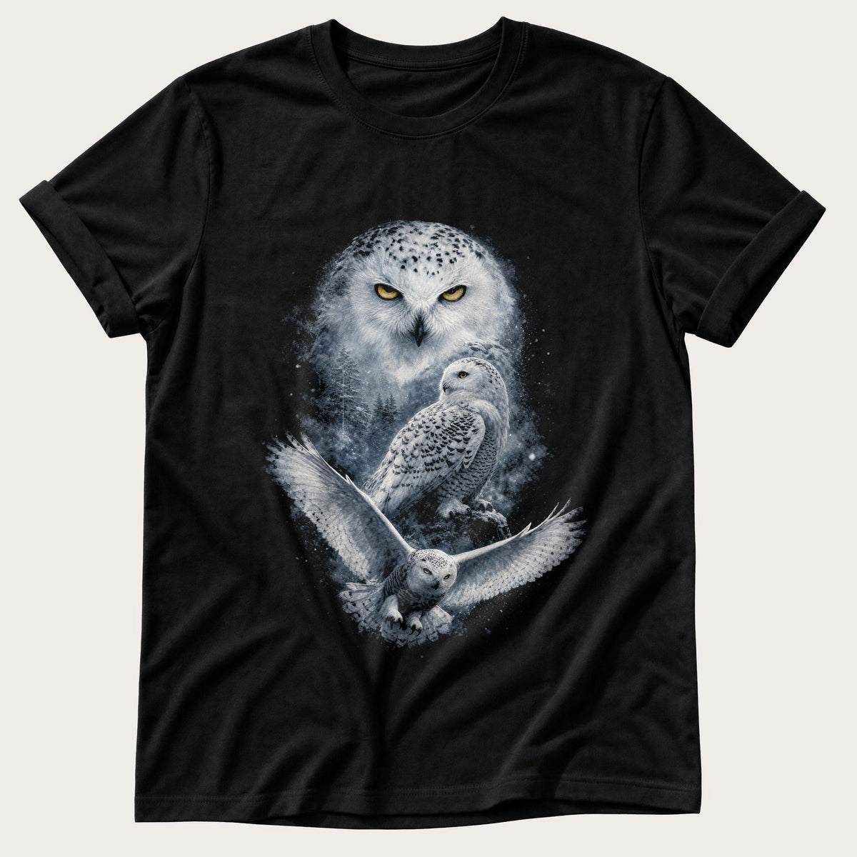 Dramatic Snow Owl — Black Comfort Colors tee